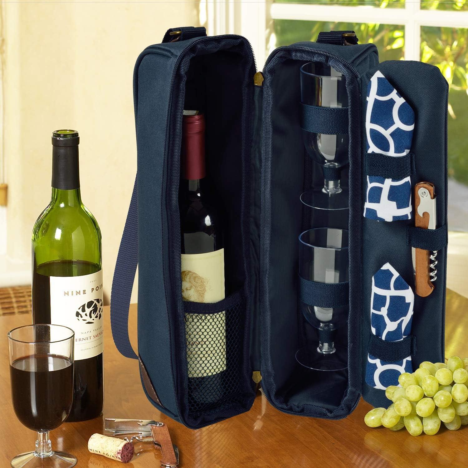 Trellis Blue Insulated Wine Tote with Glasses and Accessories