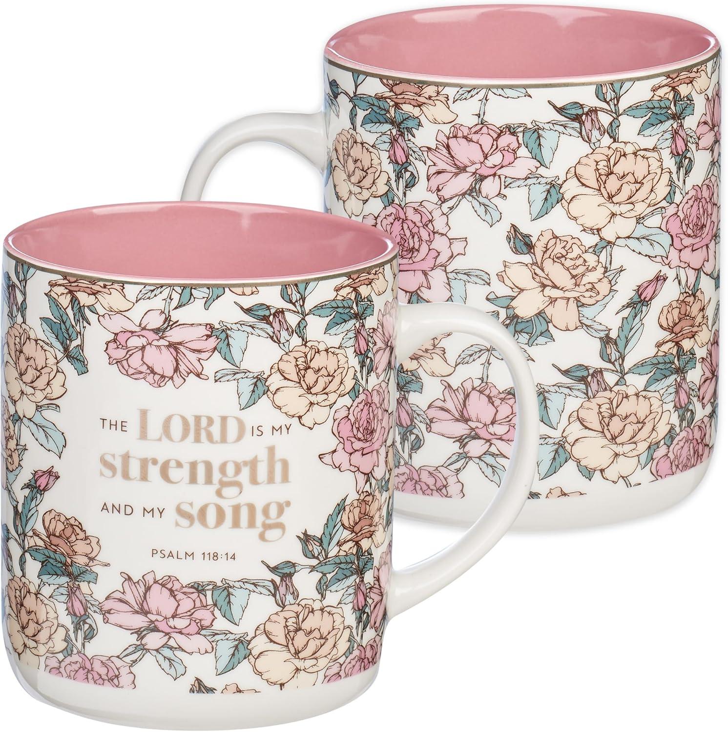 Christian Art Gifts Ceramic Coffee Mug for Women: My Strength and My Song - Psalm 118:14 Inspirational Bible Verse, Pink Floral Ivory, 14 oz.