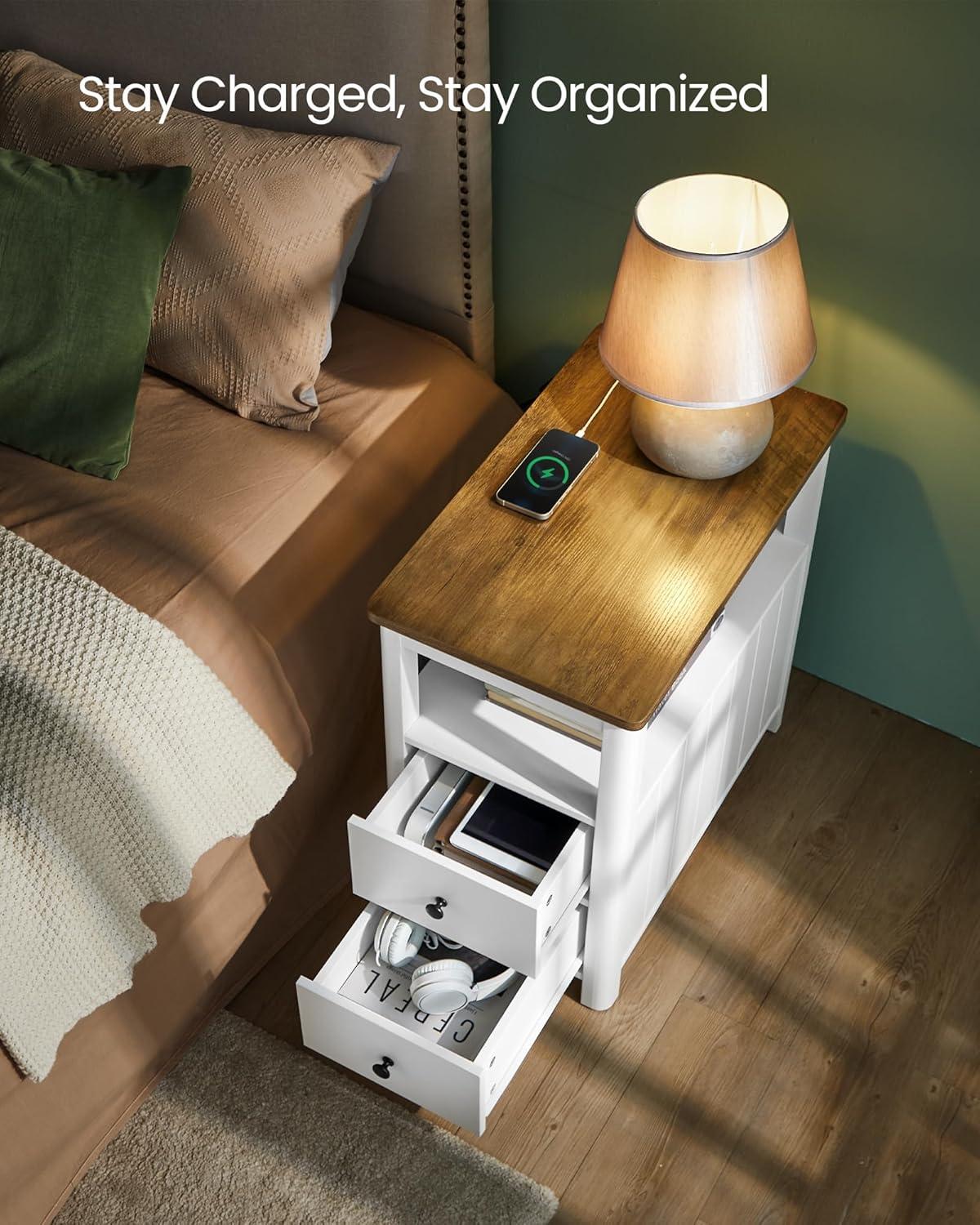 White and Walnut MDF Side Table with Storage and Charging Station