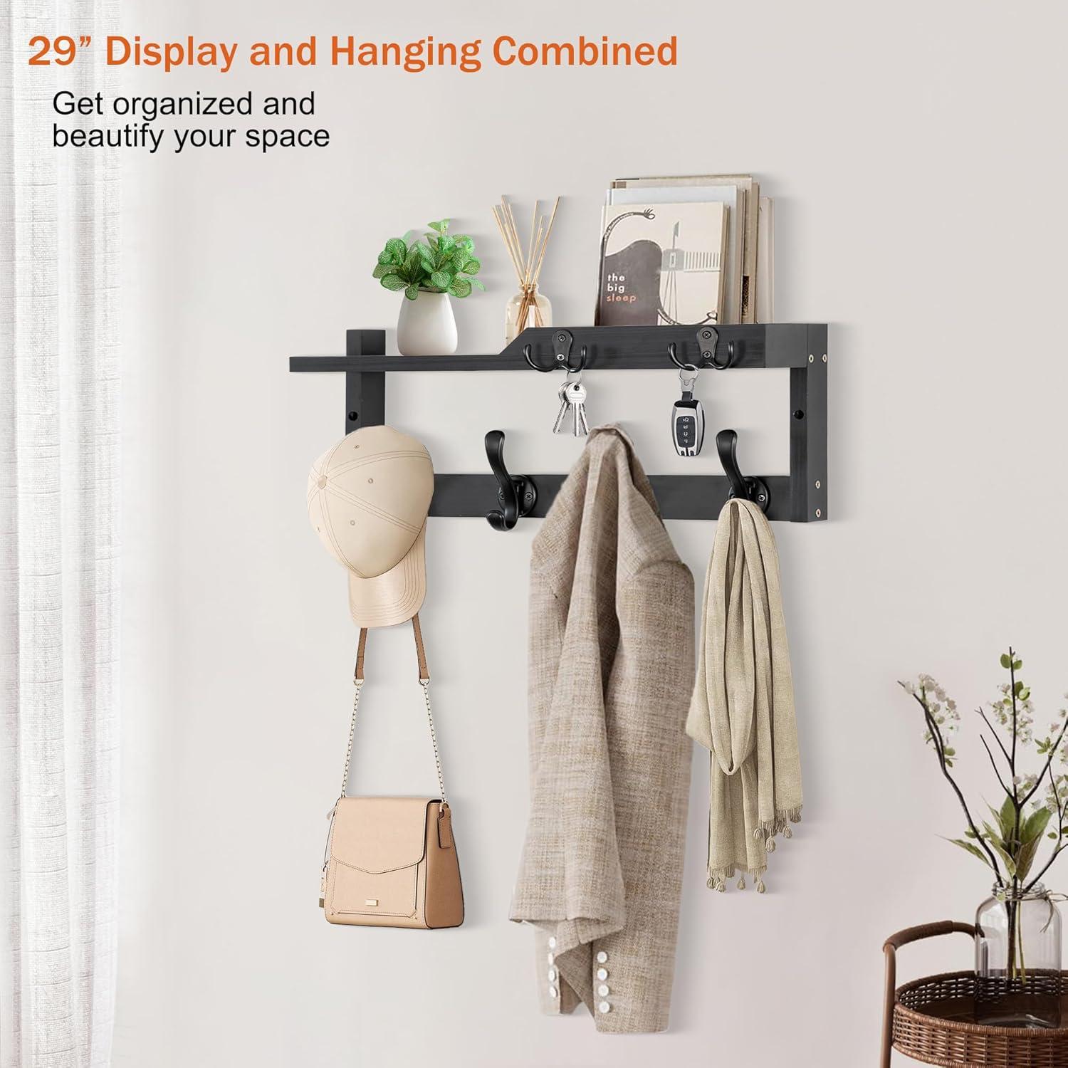 Coat Rack Wall Mount with Shelf, Wood Wall Hooks with Storage, Entryway Shelf with 5 Coat Hangers for Bathroom, Living Room, Bedroom, Black