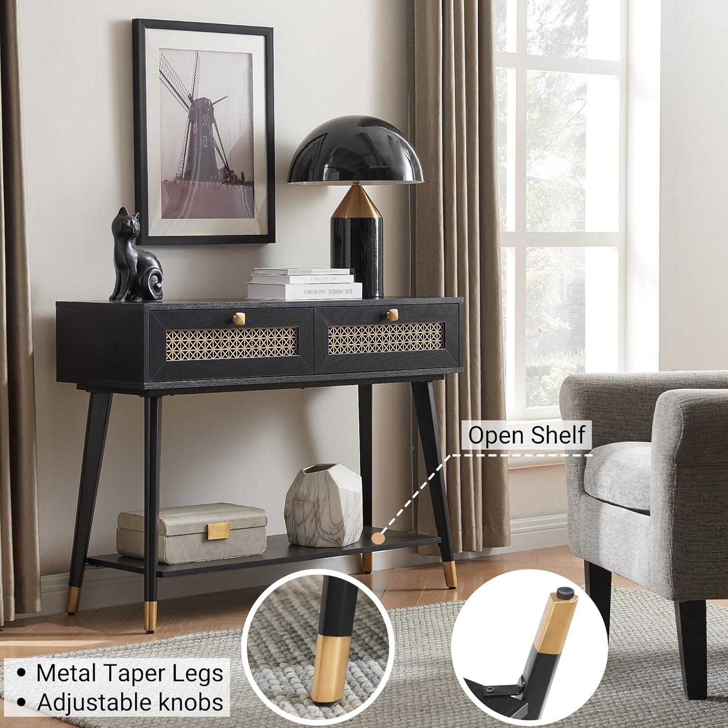 JYED Mid Century Modern Console Table with Gold Accent - 66" Entryway Table with Drawers, Faceted Taper Legs & Ventilated Storage for Hallway (Black)