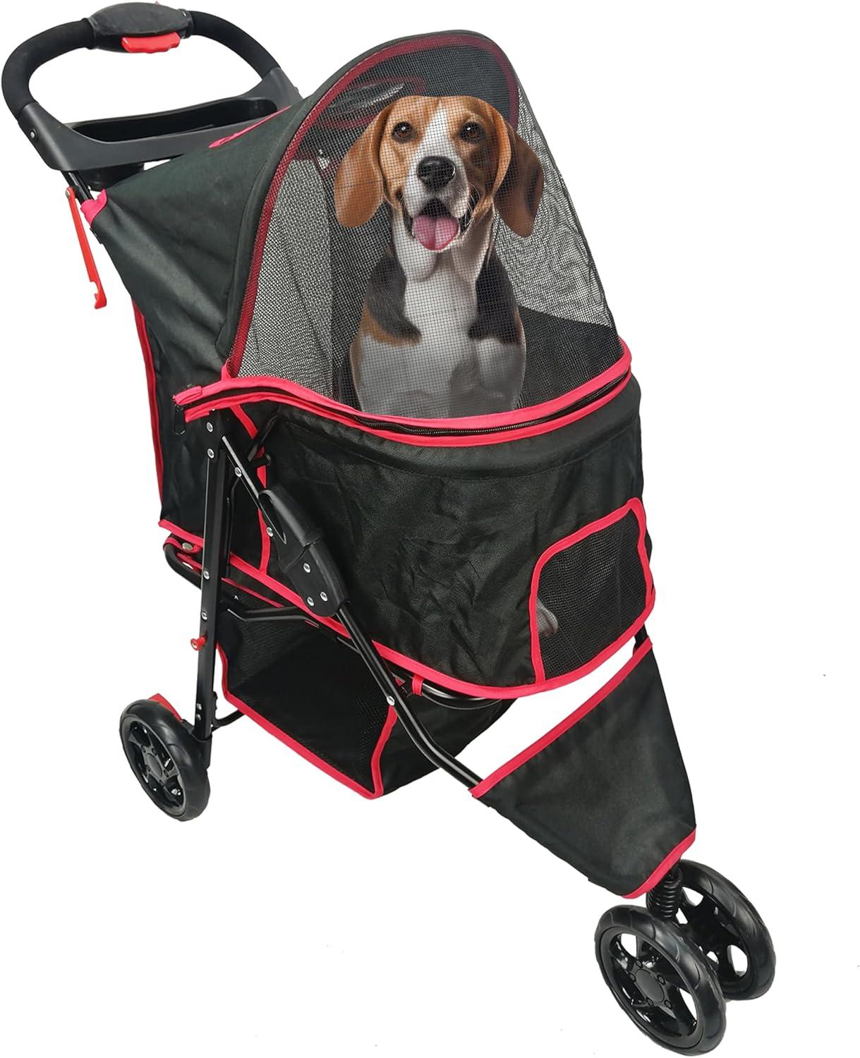 Black and Red Foldable Pet Stroller with Mesh Cover