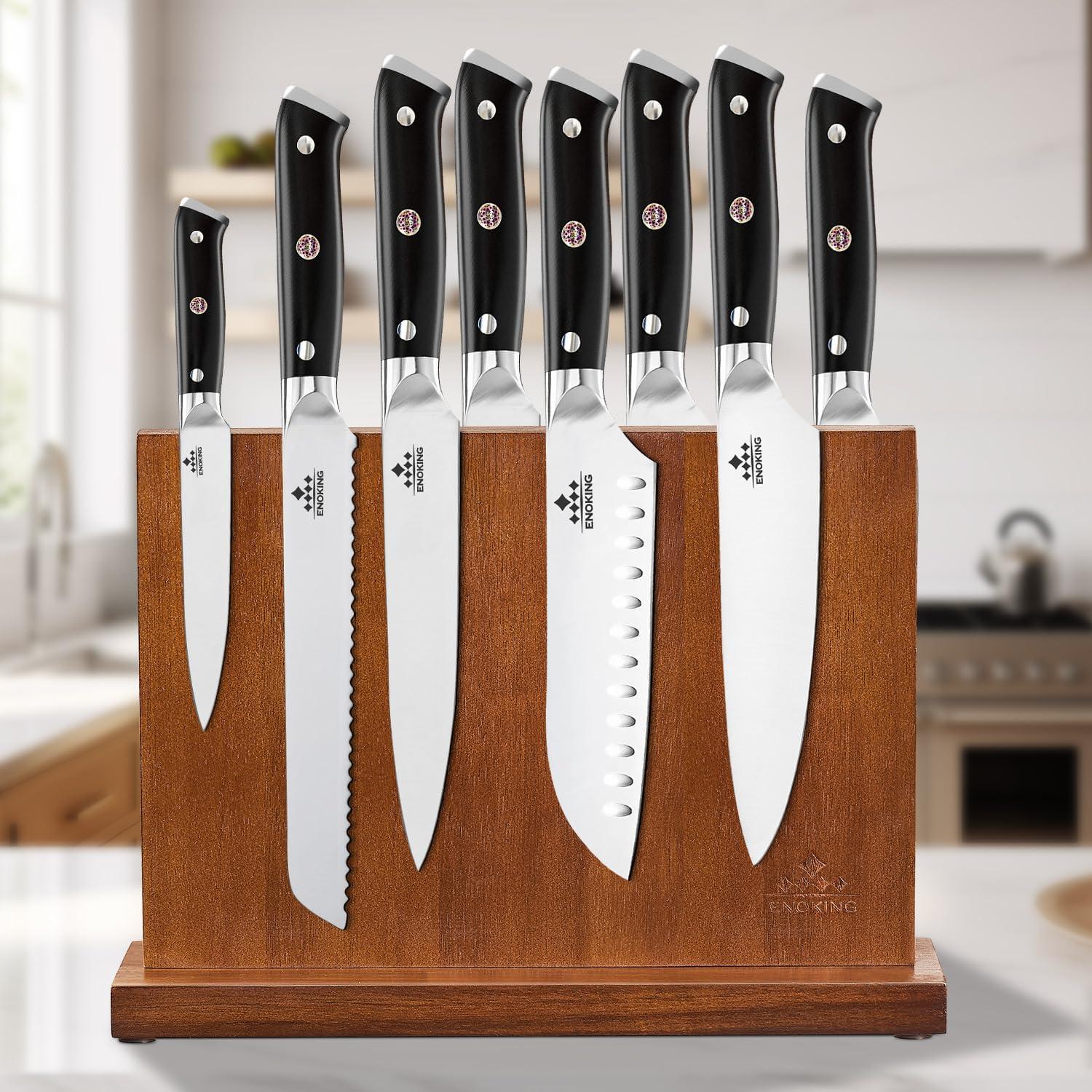 ENOKING Magnetic Knife Block 12.5 x 9 Inches, Double Side Magnetic Knife Holder Built in Three Powerful Magnets Strip, Acacia Wood Universal Knife Storage Organizer for Kitchen Counter C33