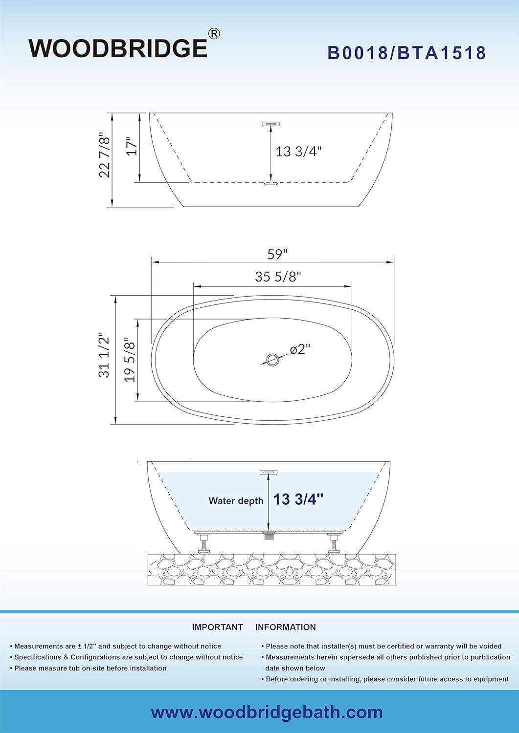 WOODBRIDGE Acrylic Freestanding Bathtub Contemporary Soaking Tub with Brushed Nickel Overflow and Drain BTA1518-B,White, 59" B-0018