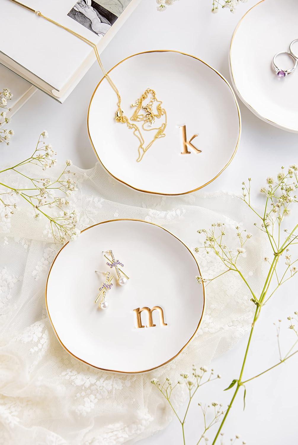 White Ceramic Jewelry Dish with Gold Monogram Accent