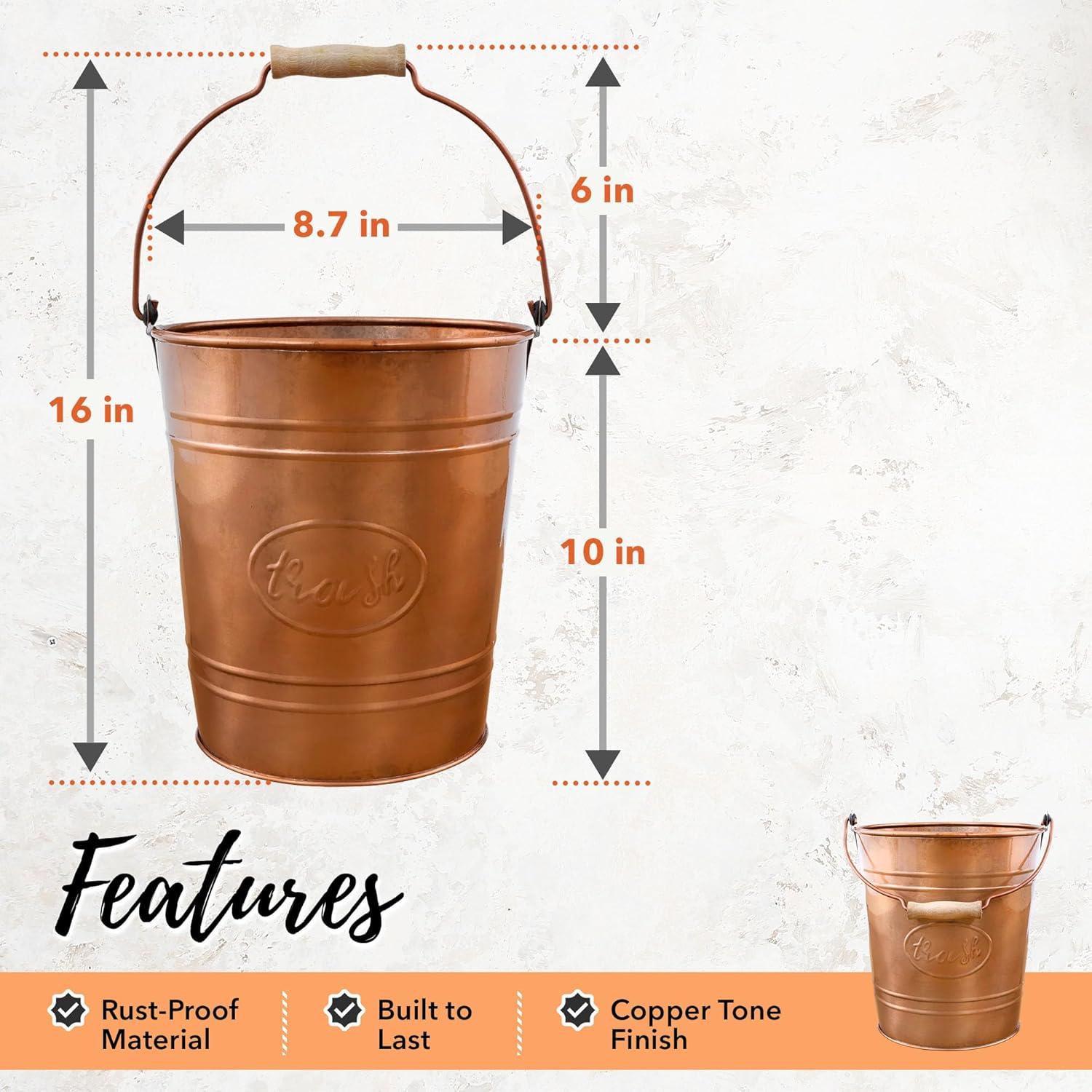 Autumn Alley  Farmhouse Bathroom Trash Can Rustic Galvanized Trash Can Bucket with Wooden Handle for Rustic Bathroom 7 Liters Copper