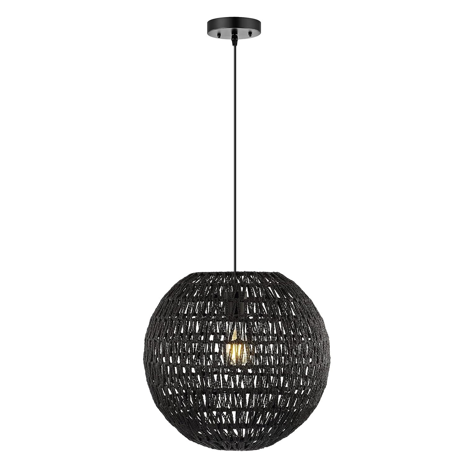 Luna 15.75" 1-Light Bohemian Modern Woven Rattan/Iron LED Pendant, Black