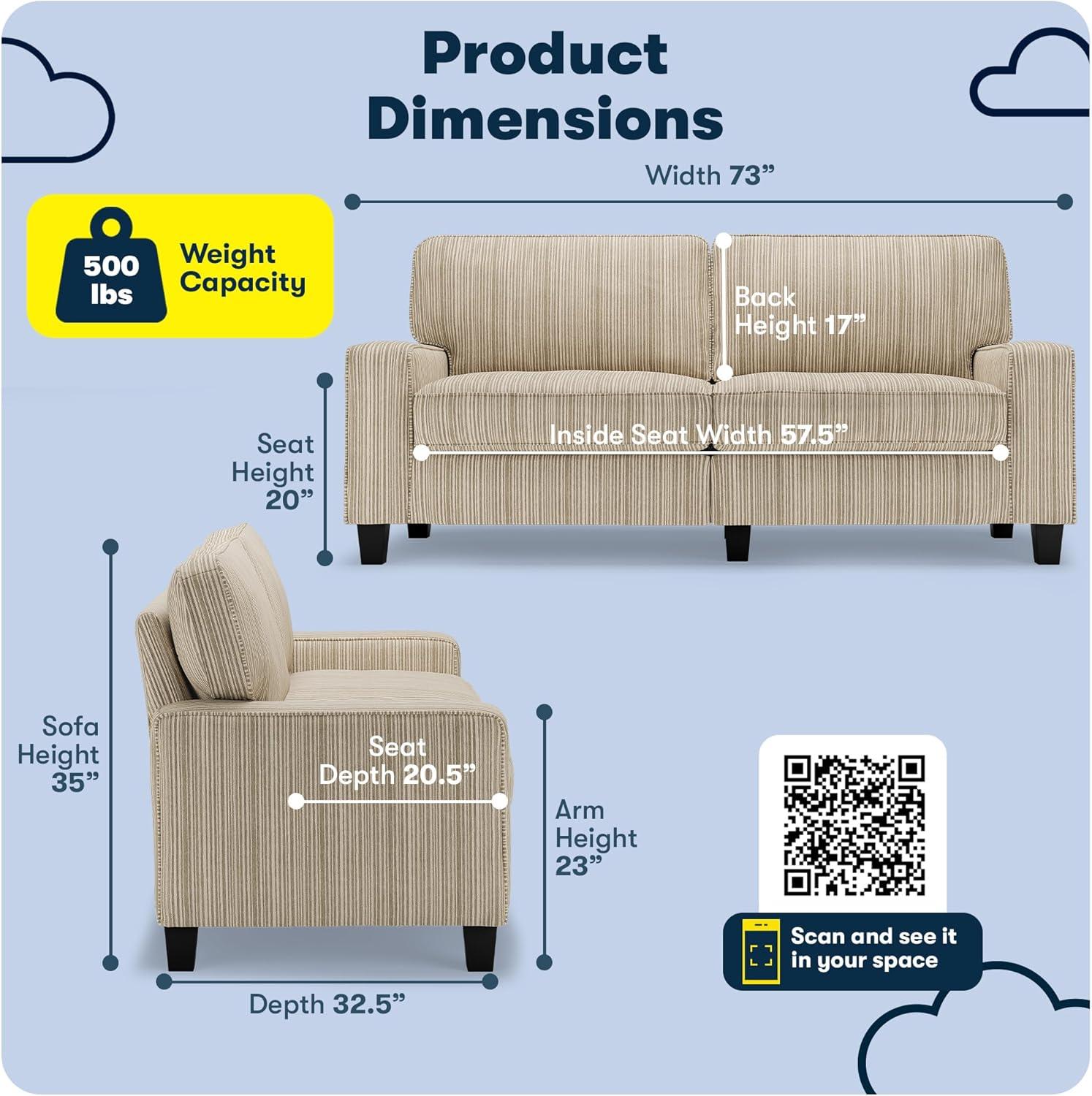 Serta Palisades 73" Track Arm Sofa, Easy Care Fabric, Soft Pillow Back, Pocket Coil Seat Cushions