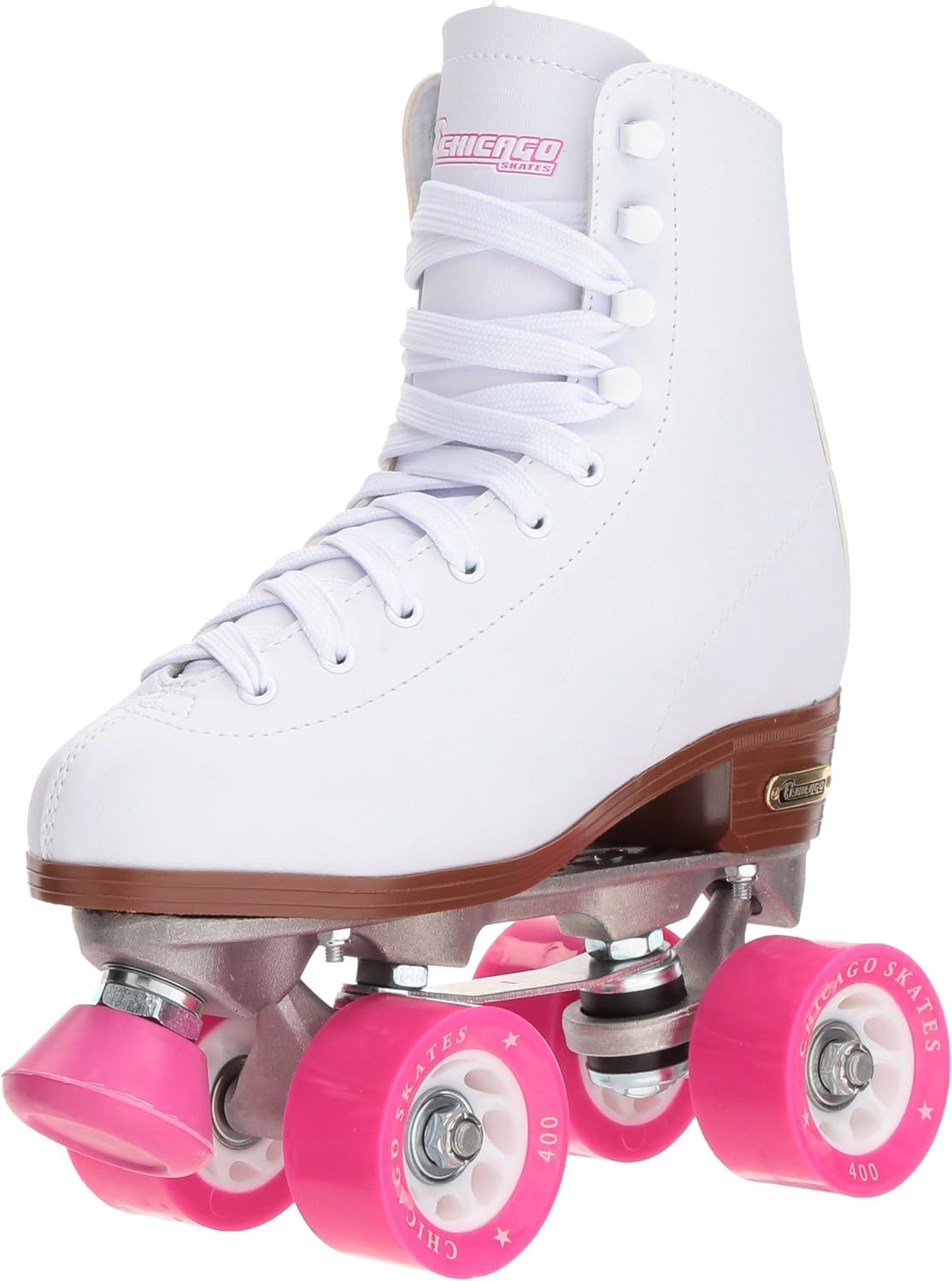 White Leather Quad Roller Skates with Pink Polyurethane Wheels