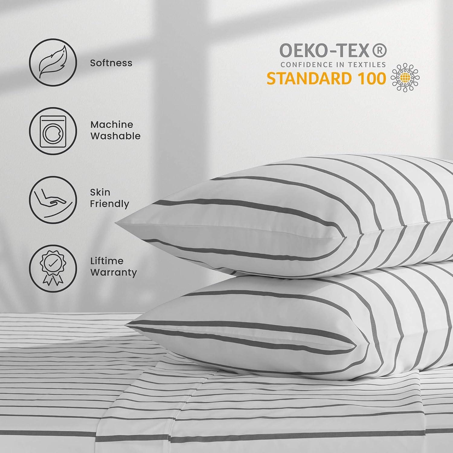 SLEEP ZONE Striped Sheet Set Queen Size 4 Piece - Double Brushed Microfiber Super Soft Breathable Bedding Sheet Deep Pocket 16" (Grey Stripe Printed on White)