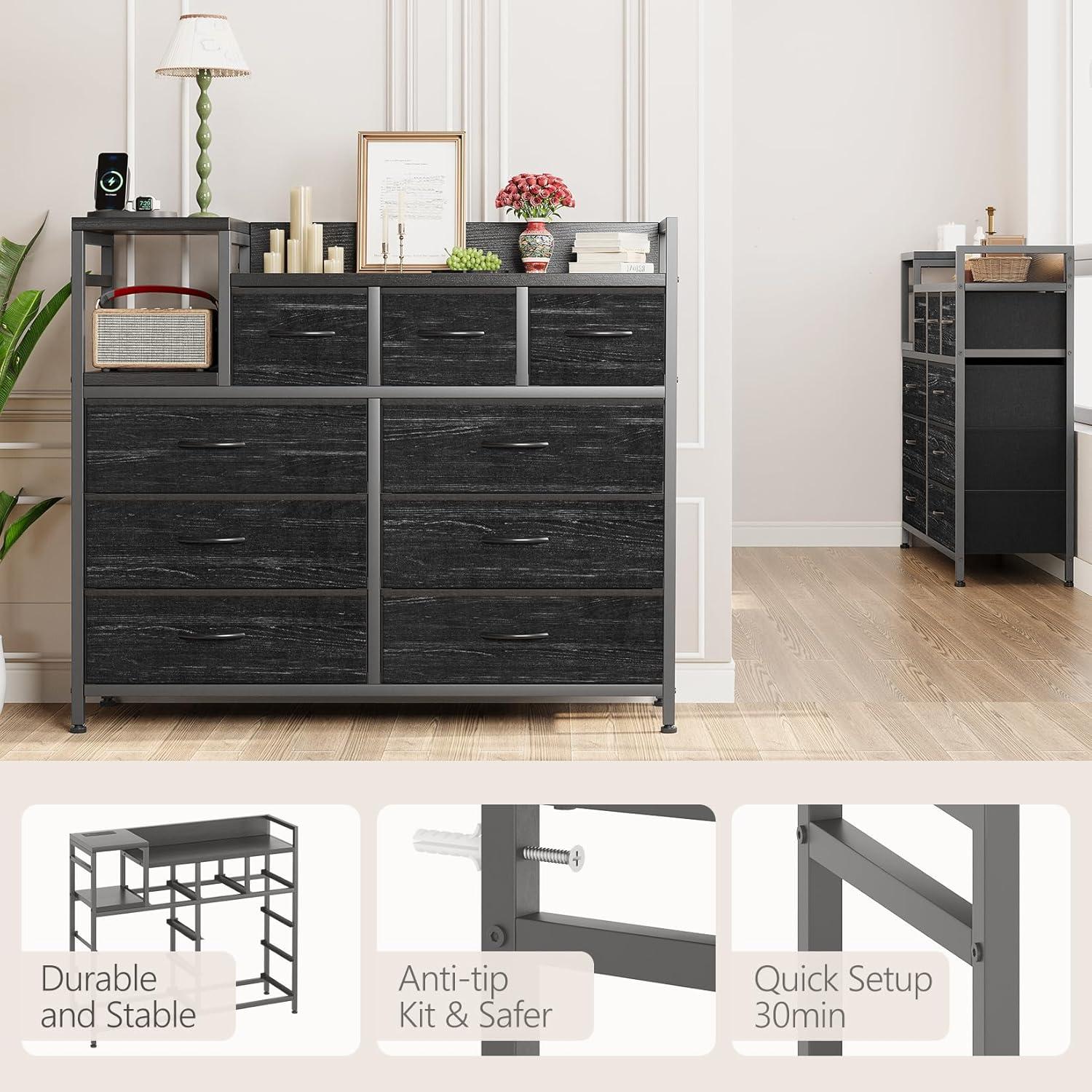 TROPOW TV Stand with Charging Station, Bedroom Dresser for Living Room TV Stand with 9 Drawers, Vintage,Black