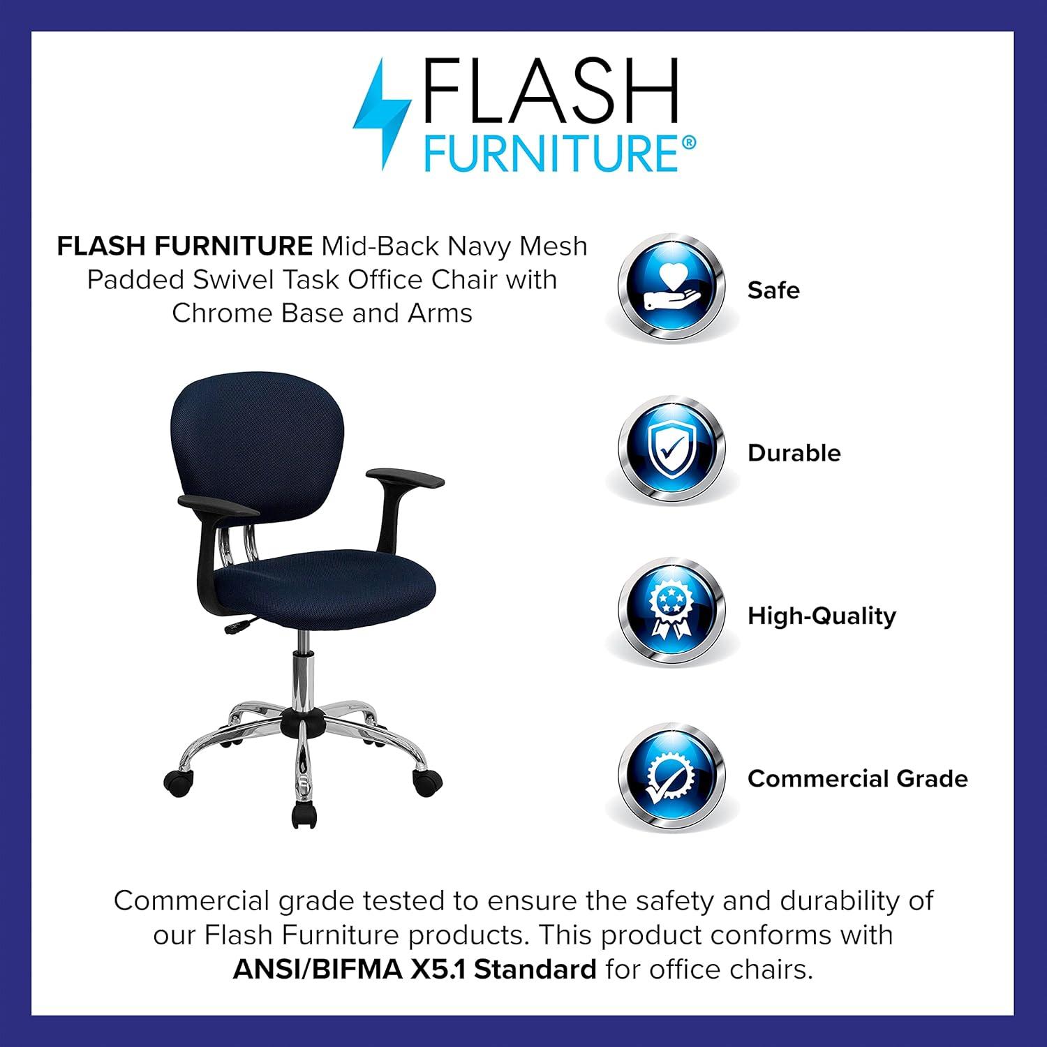 Flash Furniture Mid-Back Navy Mesh Padded Swivel Task Office Chair with Chrome Base and Arms