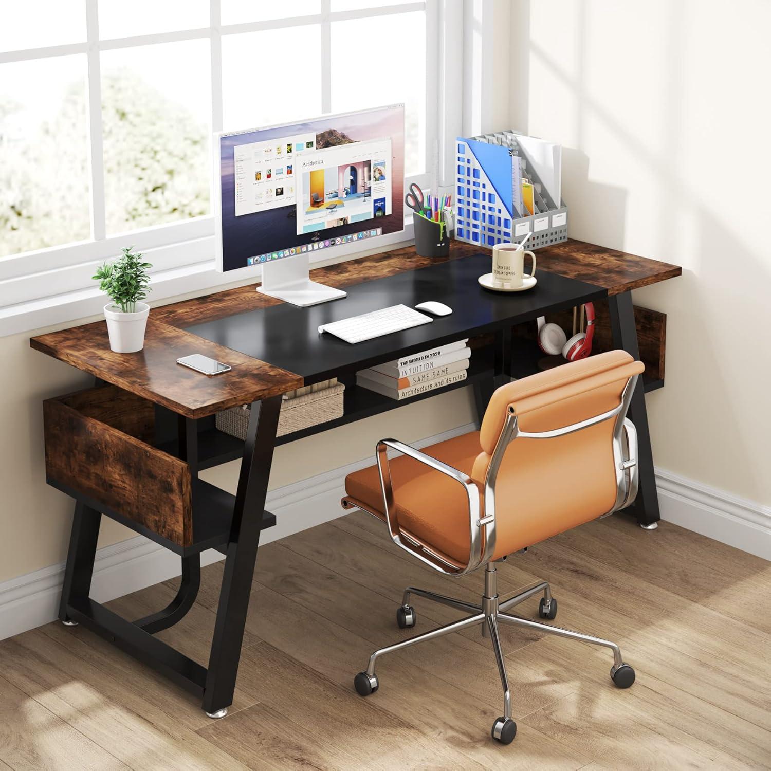 63" Black and Brown Wood Modern Office Desk with Storage Shelf