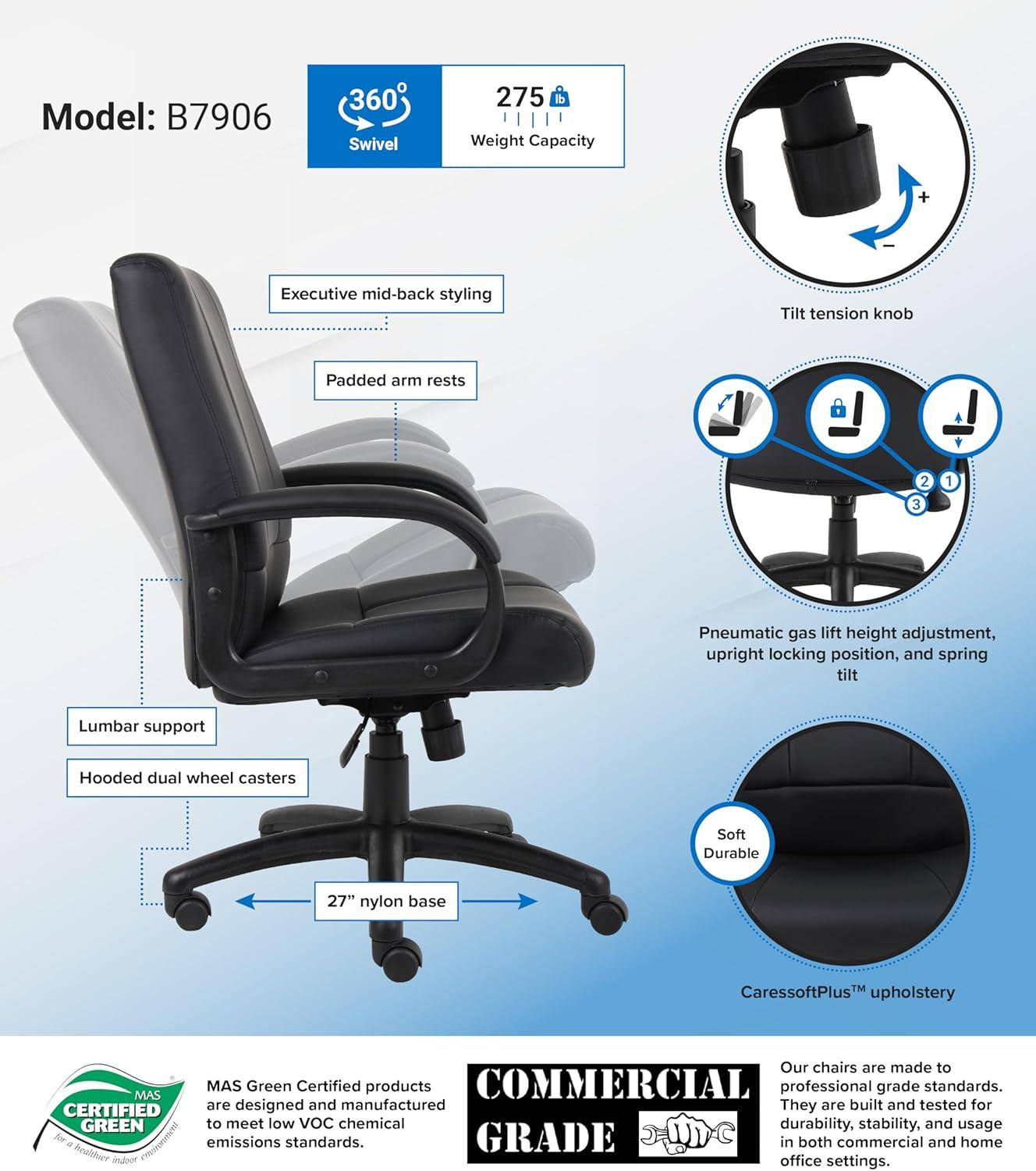 Caressoft Executive Mid Back Chair Black - Boss Office Products