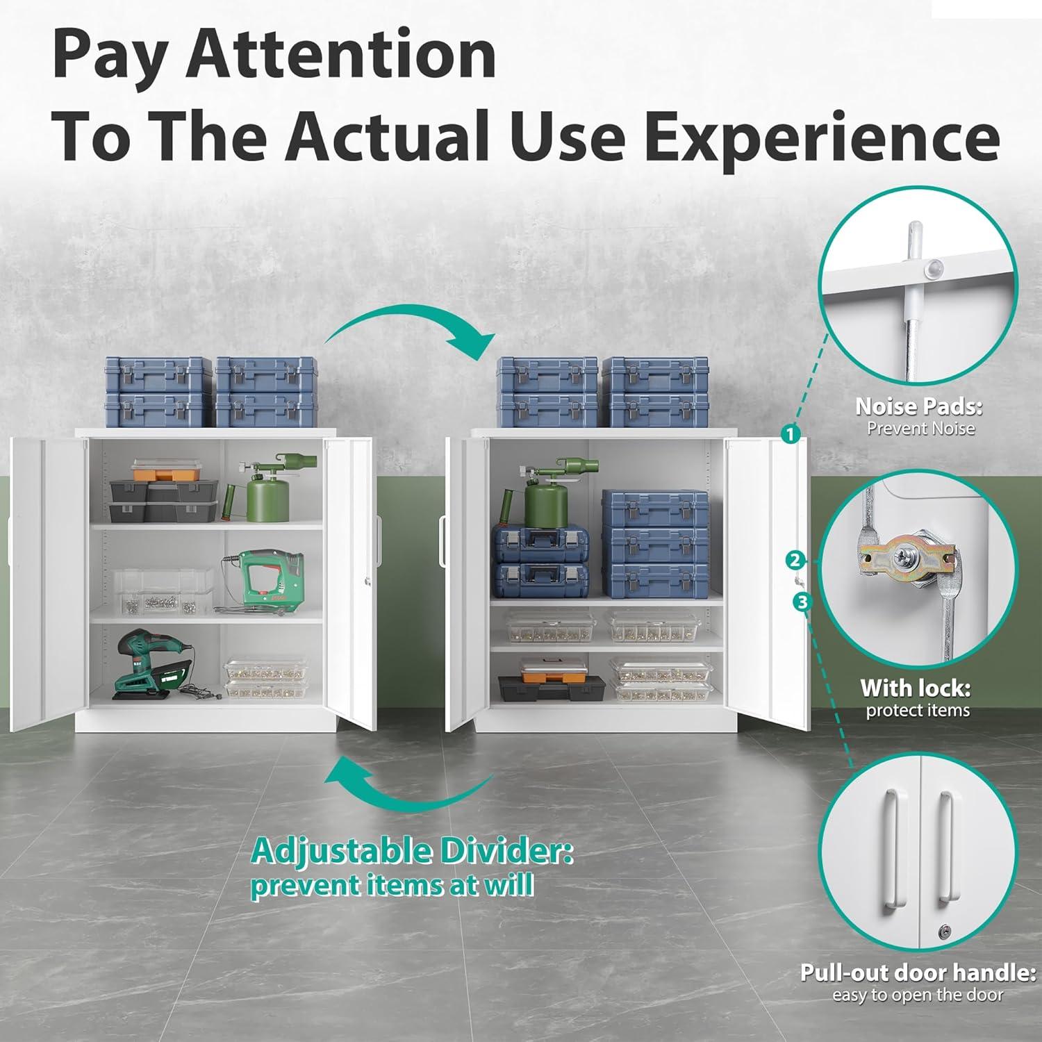 Metal Storage Cabinets with Shelves and Doors, Sideboard Buffet Cabinet for Kitchen, Entryway, Living Room, Home Office, Garage, Utility Room and Basement, 36.2" H x 31.5" W x 15.7" D (White)