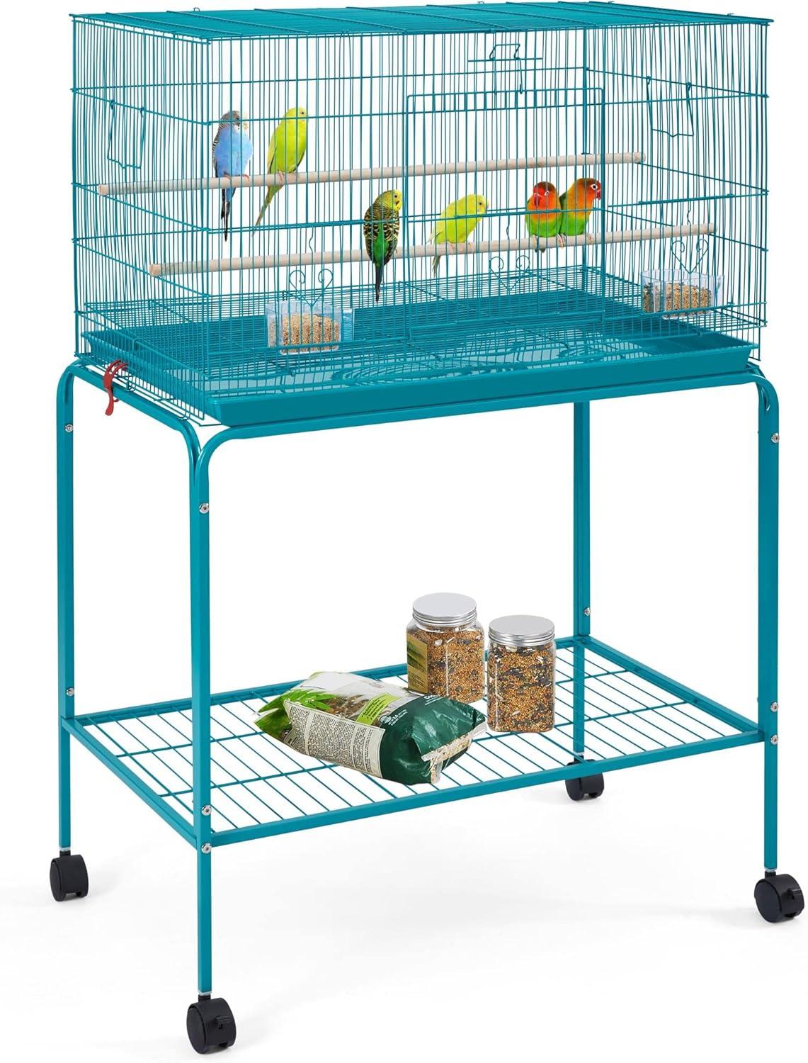 Teal Blue 47" Rolling Stand Flight Bird Cage with Slide-Out Tray