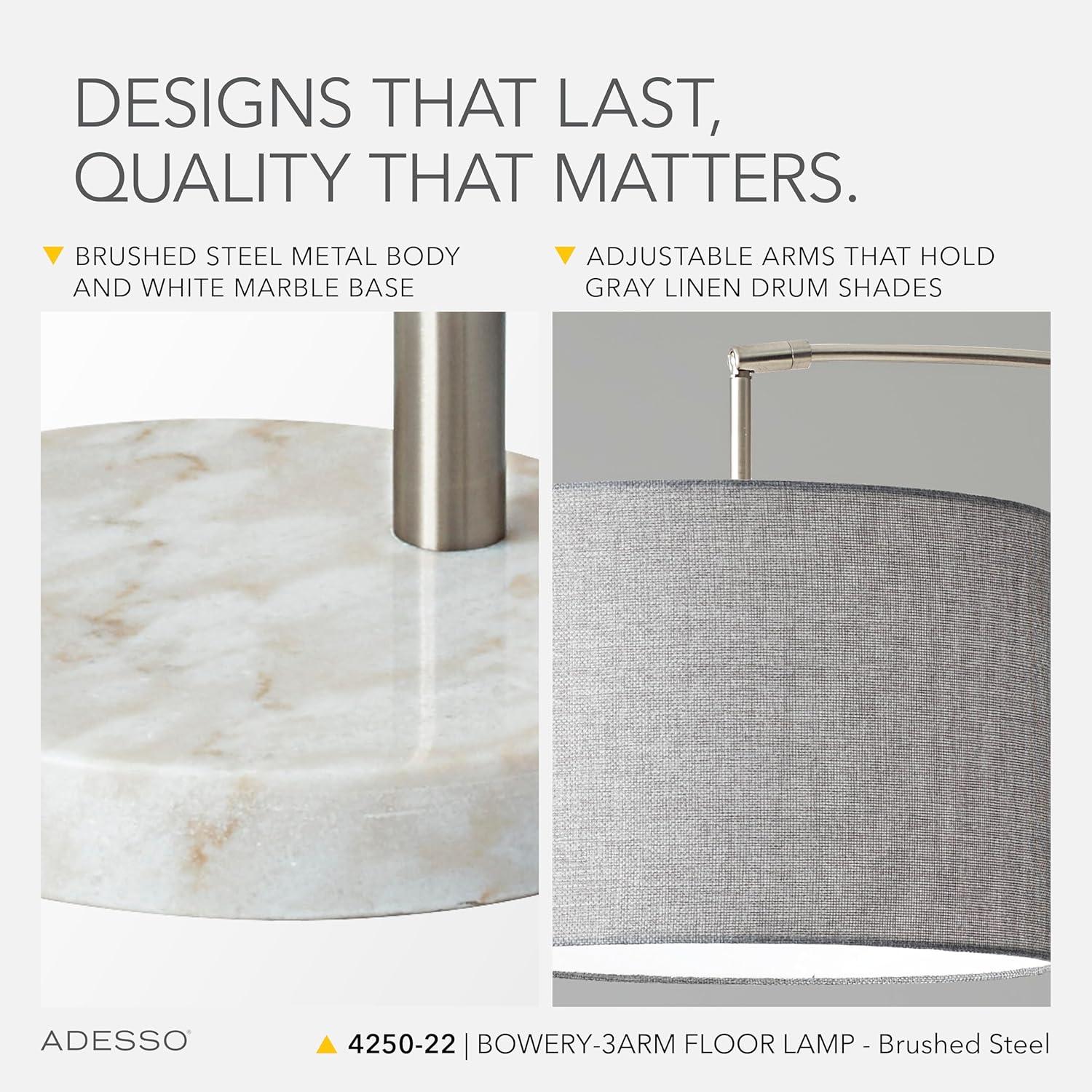 3-Arm Bowery Arc Lamp Brushed Steel - Adesso: Adjustable, Overhead Lighting with Marble Base