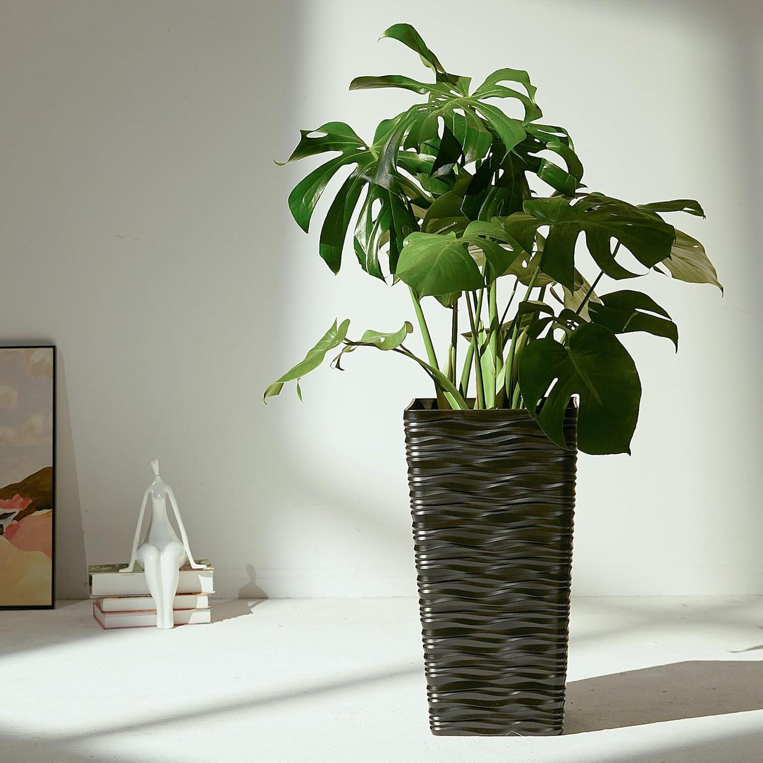 WORTH 22 inch Planters for Indoor Plants,Black Planters Outdoor Set of 2, Plastic Square Pots for Plants, Matte Wavy Modern Planter Large Plant Pot Tree Pot