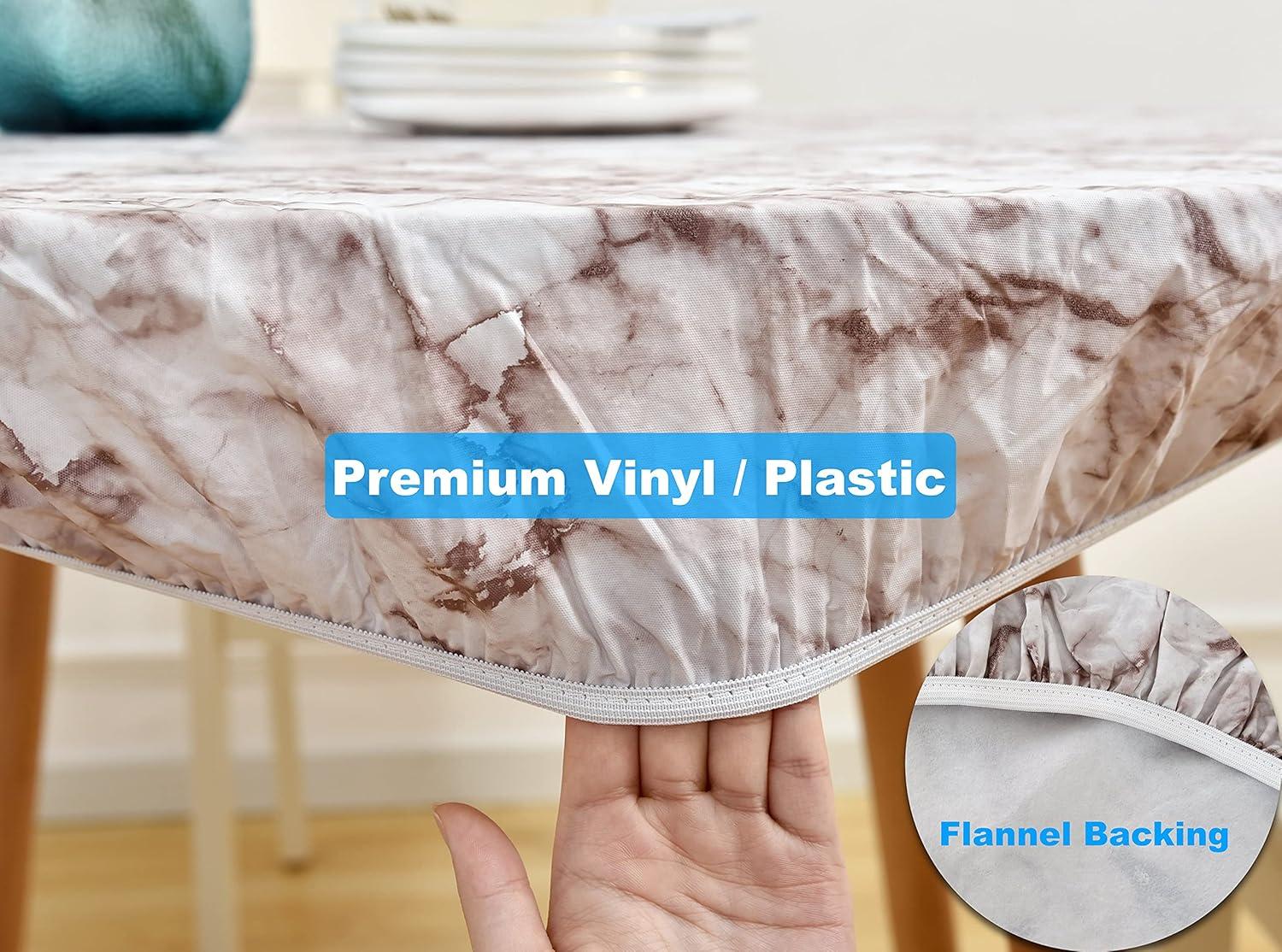 Rally Home Goods Indoor Outdoor Patio Round Fitted Vinyl Tablecloth, Flannel Backing, Elastic Edge, Waterproof Wipeable Plastic Cover, Beige Marble Pattern for 5-Seat Table of 36-42’’ Diameter