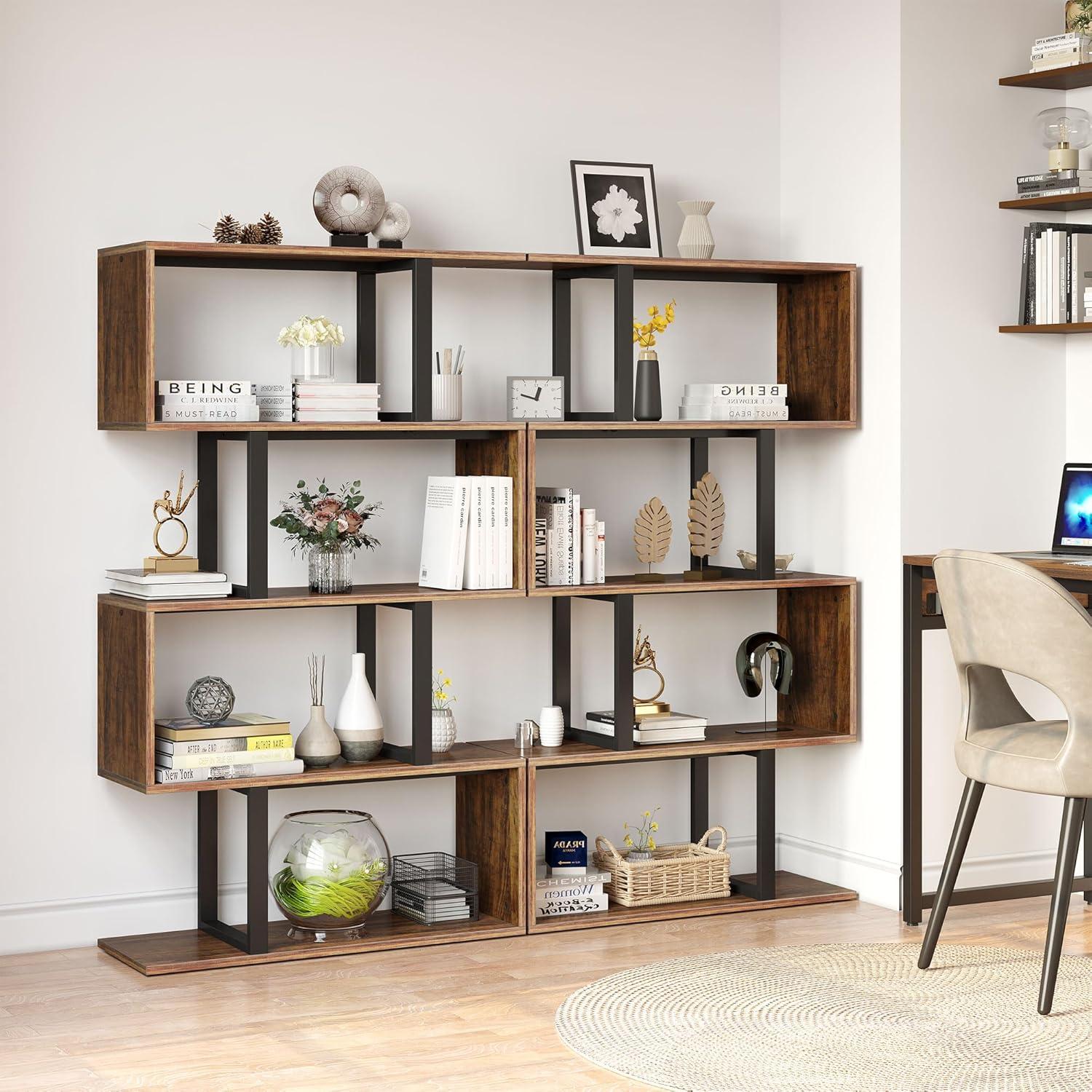 Retro Brown S-Shaped 5-Tier Particle Board and Metal Bookshelf