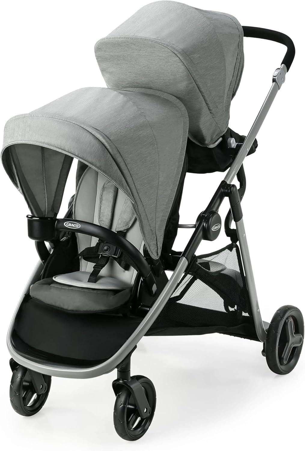 Gray Double Stand-On Plastic Stroller with Bench Seat