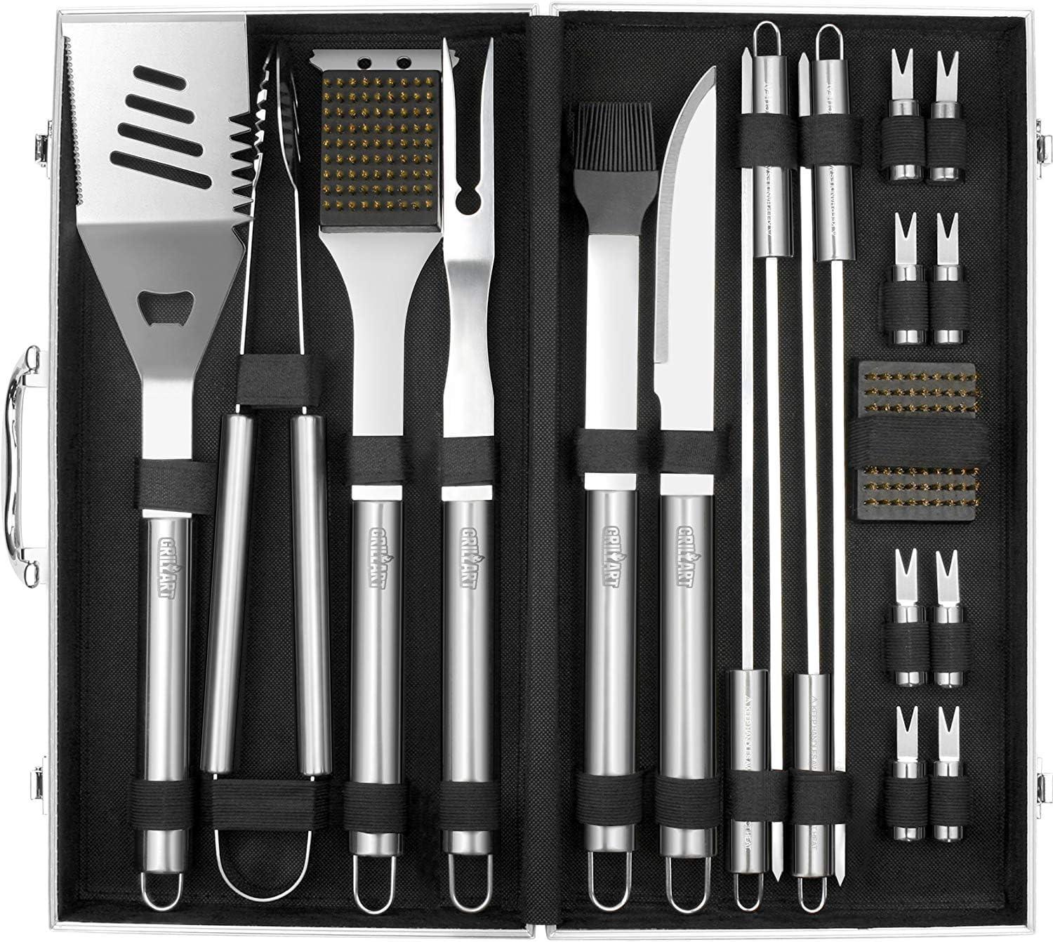 BBQ Grill Utensil Tools Set - GRILLART Reinforced BBQ Tongs 19-Piece Stainless-Steel Barbecue Grilling Accessories with Aluminum Storage Case -Complete Outdoor Grill Kit for Dad  Birthday