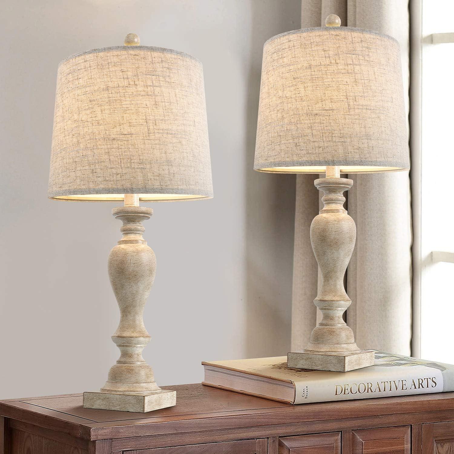 24.5" Mid Century Table Lamp Set Of 2 For Living Room Farmhouse Linen Bedside Lamps For Bedroom Kids Room Dorm Office Rustic Lamps For End Table Nigntstand Resin