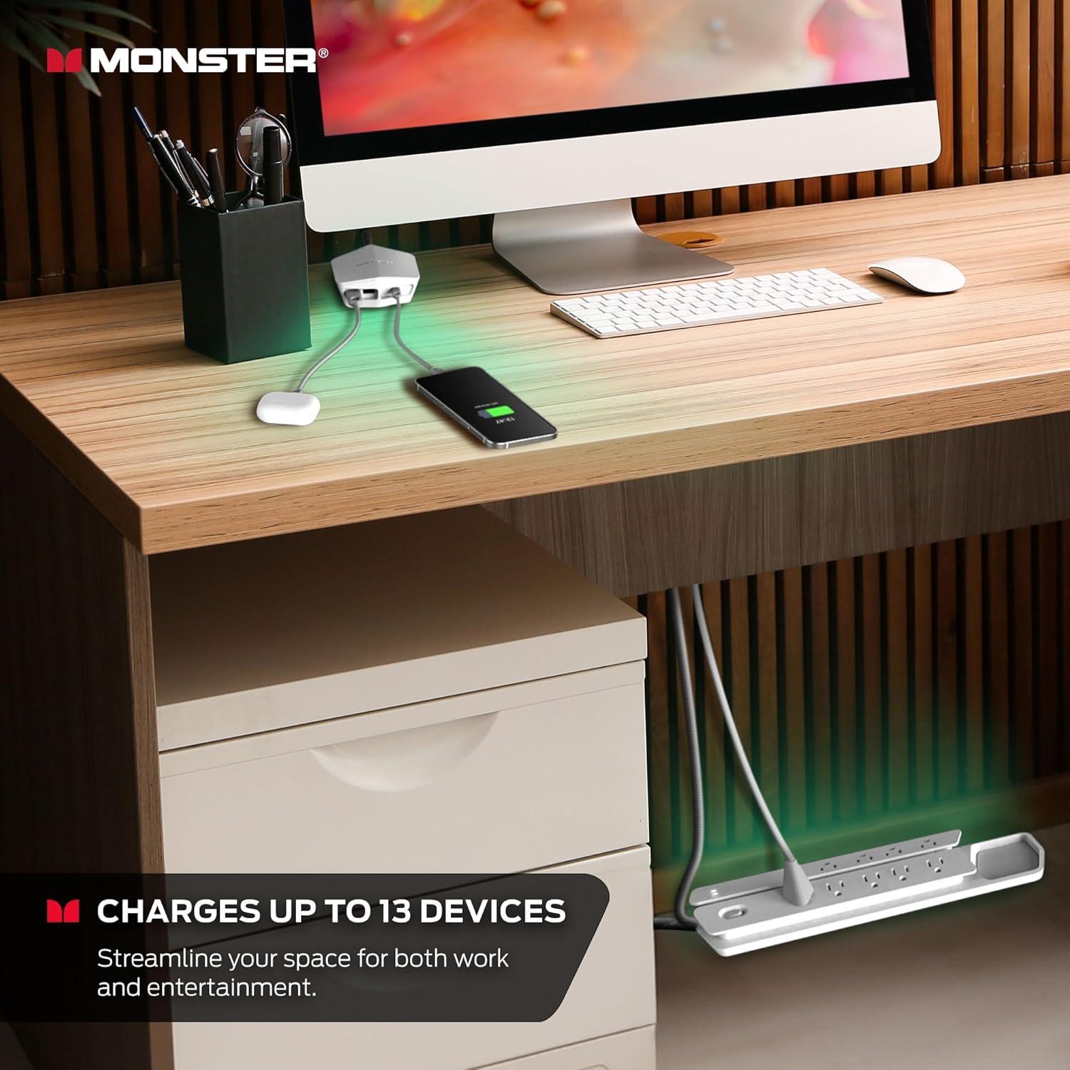 Monster Power Center Vertex XL Surge Protector with 10 AC Outlets, 3-Port USB Hub, & 6 ft Cord (White)