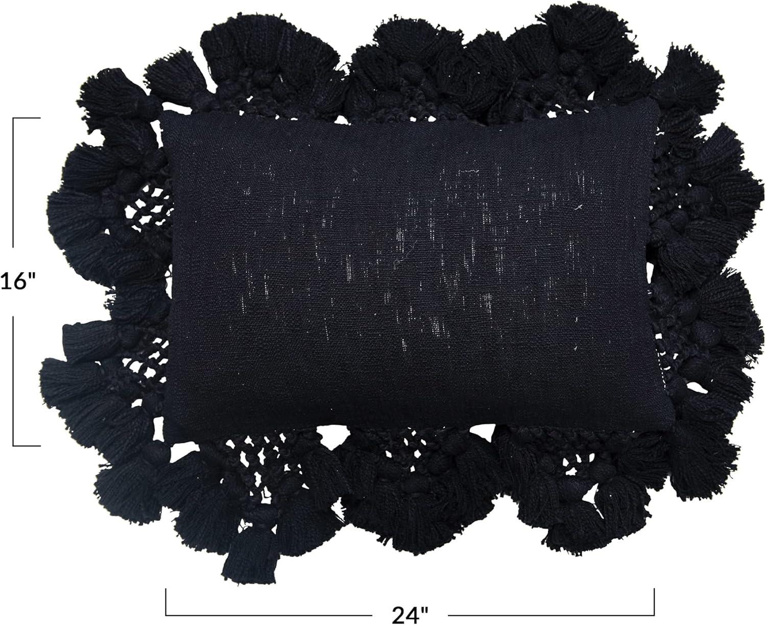 Black Cotton Lumbar Pillow with Crochet and Tassel Edging