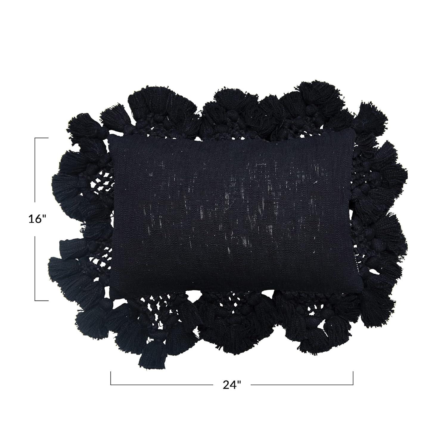 Black Cotton Lumbar Pillow with Crochet and Tassel Edging