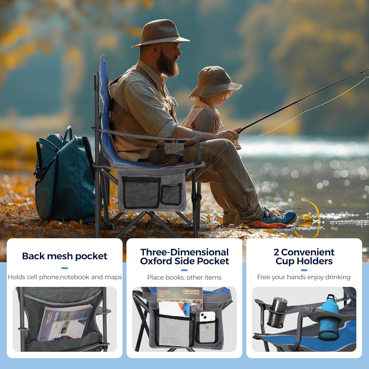 Oversized Camping Folding Chair Padded Arm Chair with Cup Holder Blue Grey