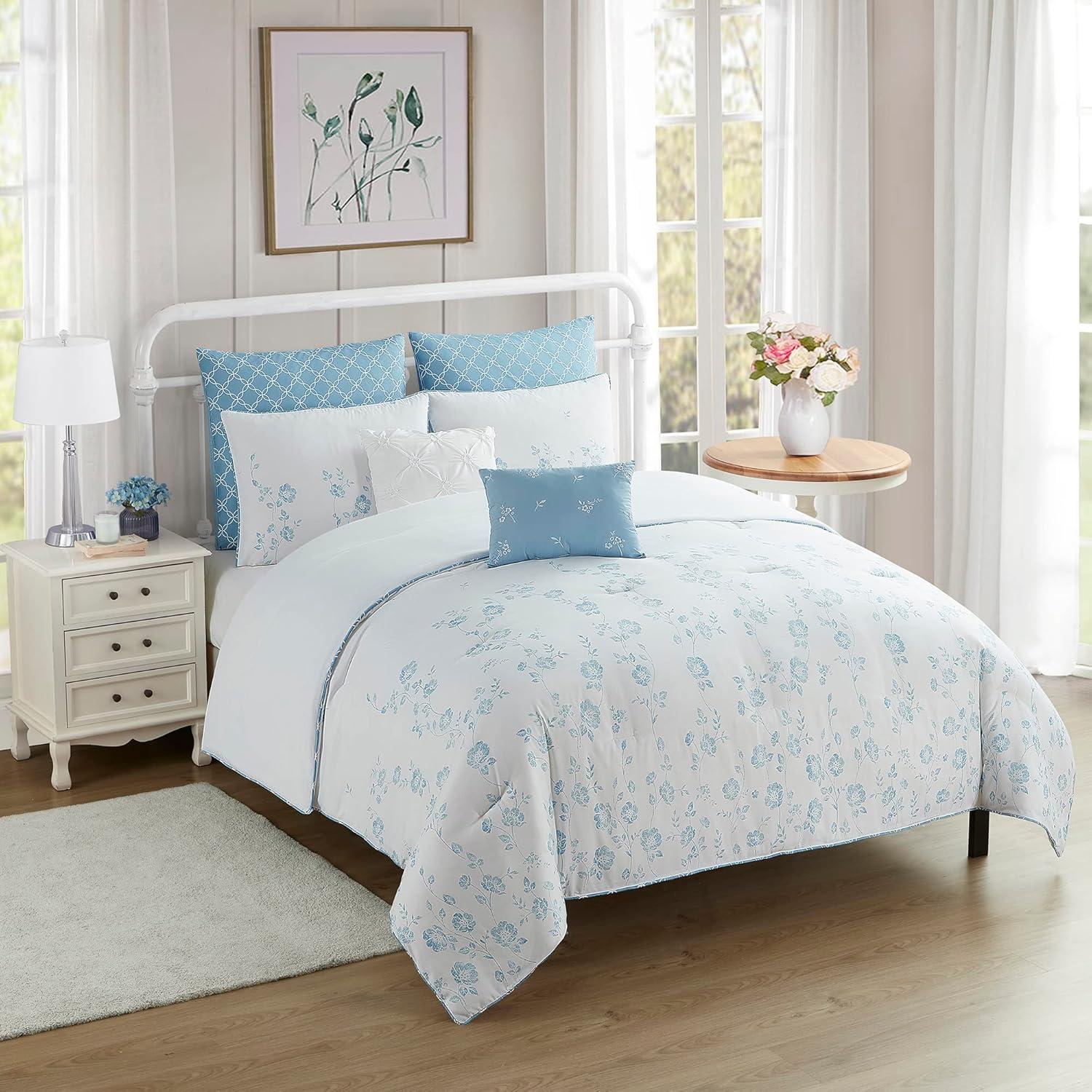 Adeline Queen White and Blue Reversible Microfiber Comforter Set