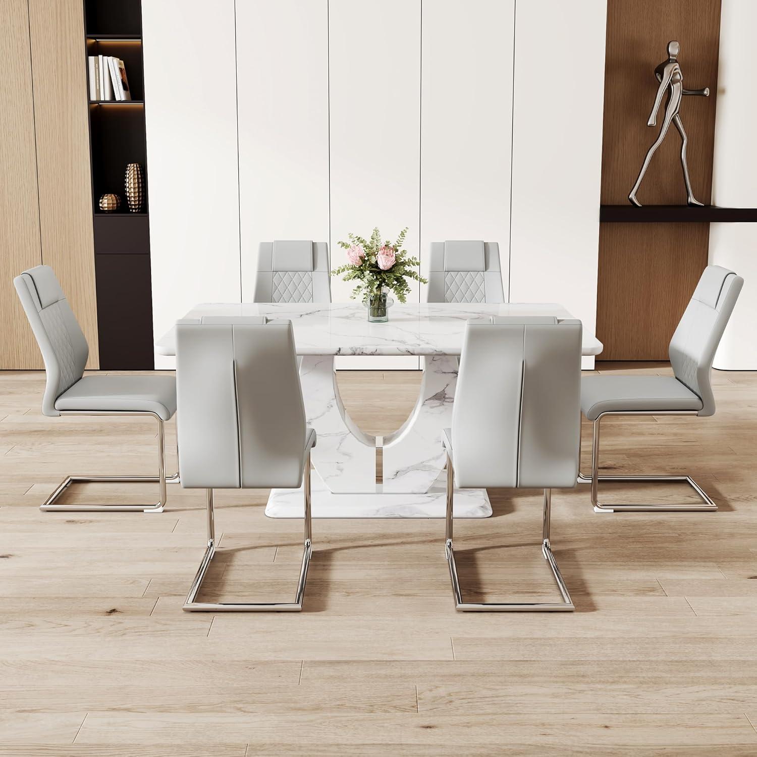 Modern White Faux Marble Dining Table Set with 6 Gray PU Leather Chairs