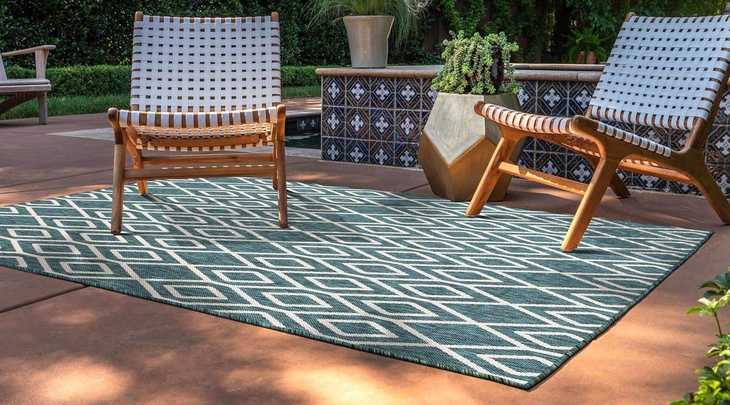 Teal and Ivory Geometric Outdoor Rectangular Area Rug 5' x 7'