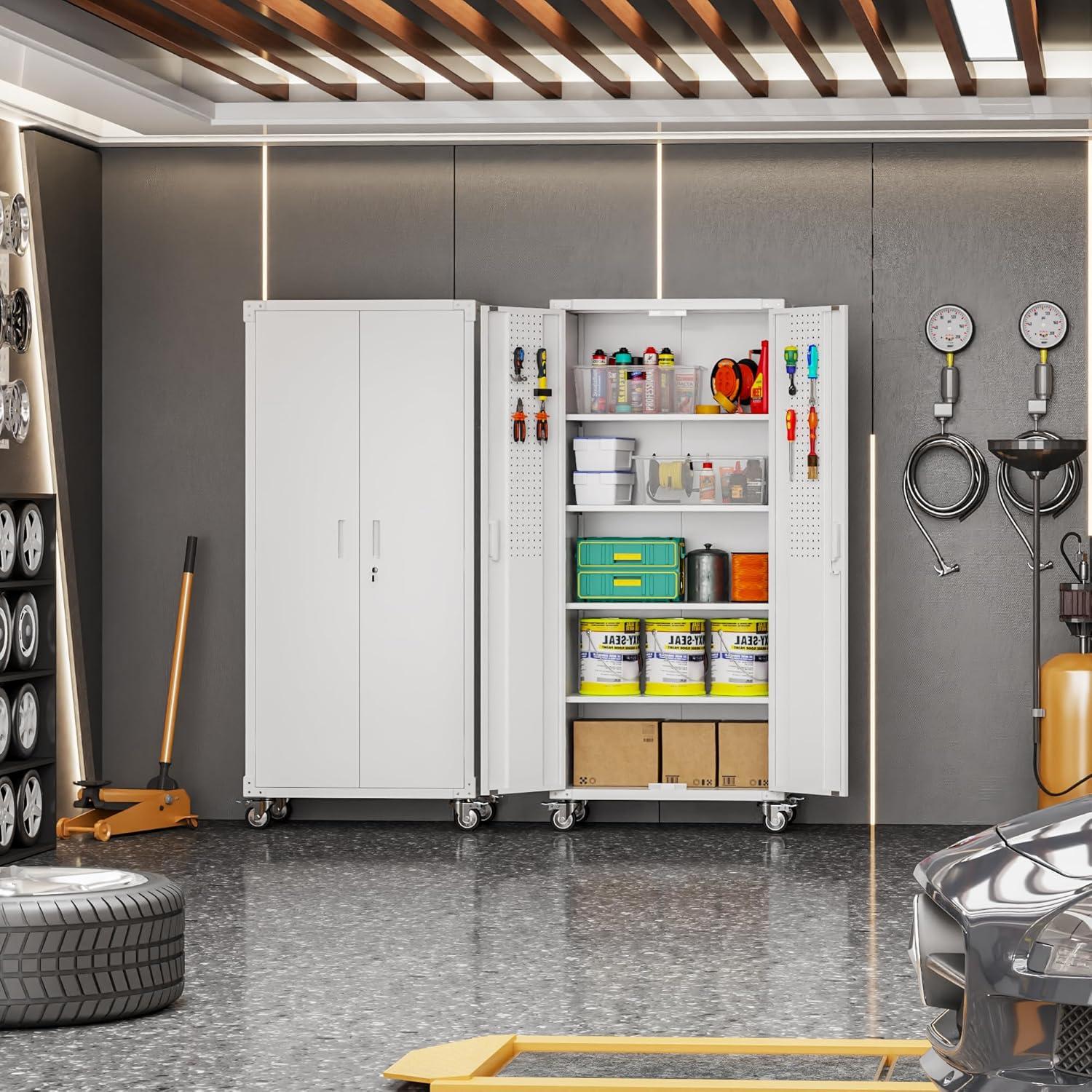 Aobabo Metal Storage Cabinet with Wheels & Pegboards,Office Storage Cabinet with Lock & Shelves,72'' H Steel Garage Cabinet for Office Home Storage,White Required-Assembly