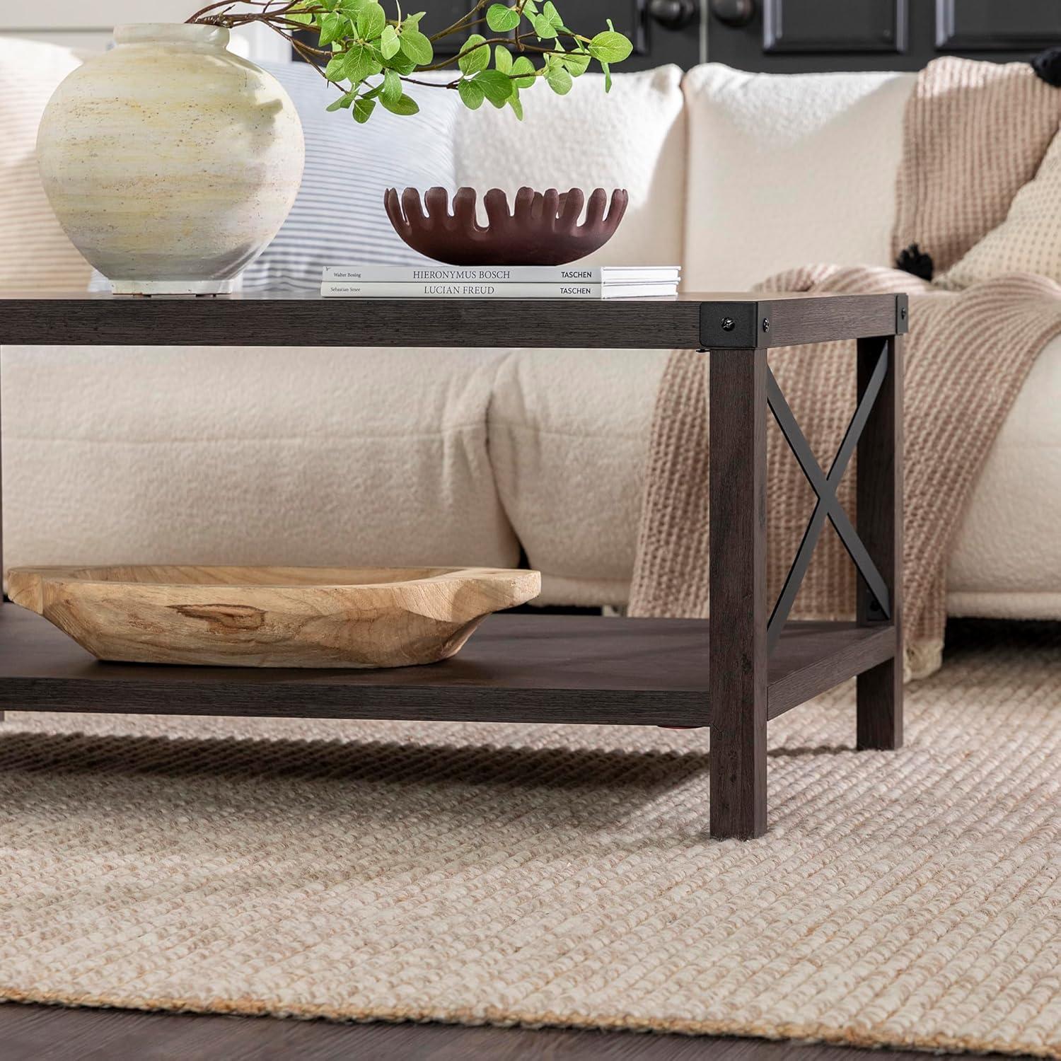 Farmhouse Metal-X Coffee Table with Lower Shelf in Sable