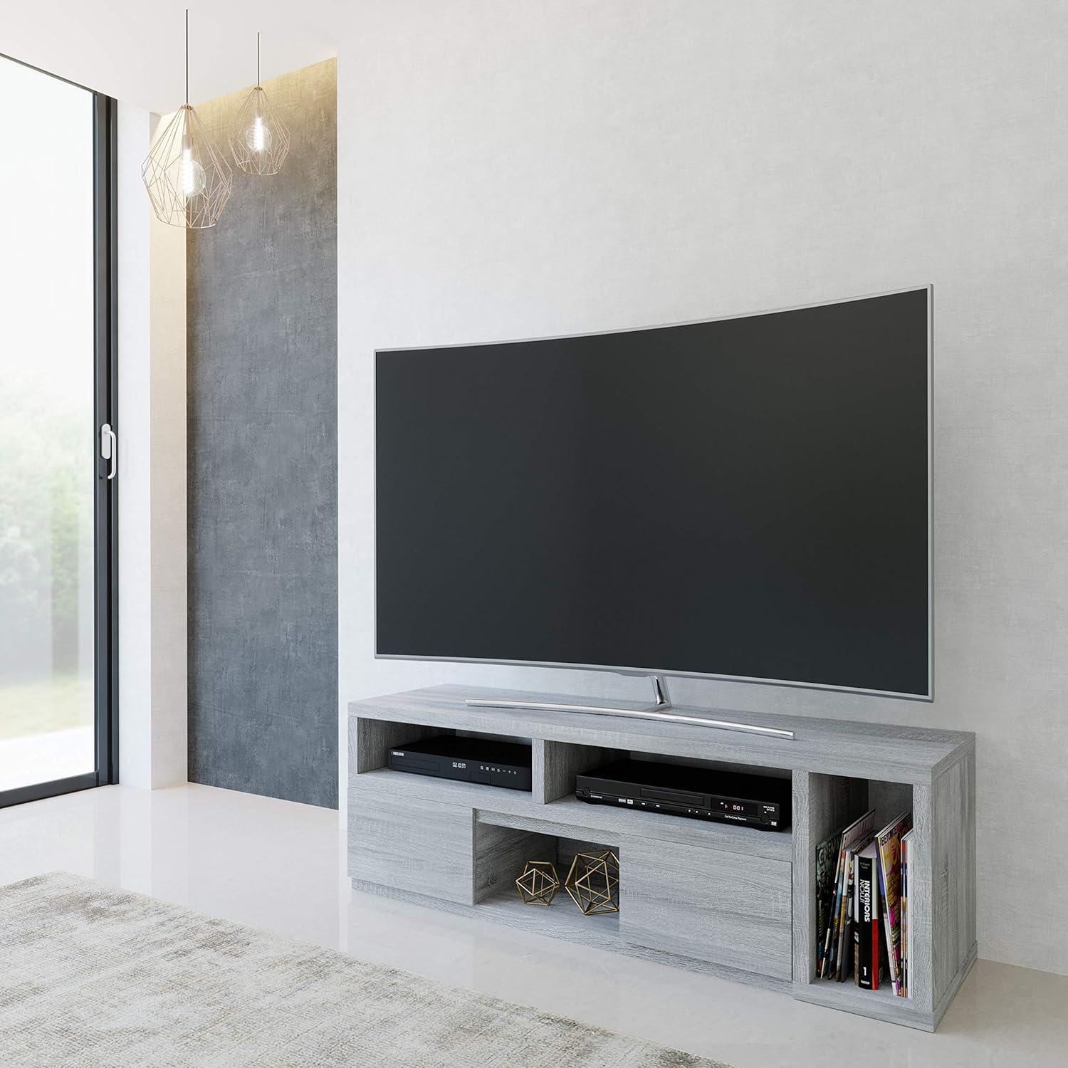 Adjustable TV Stand for TVs up to 65" Console Gray - Techni Mobili: Expandable, with Open Shelves & Metal Hardware