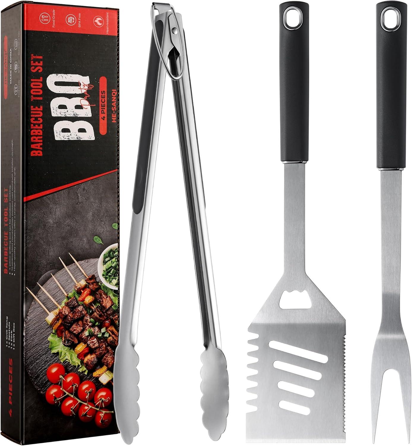 Griddle Accessories Kit - Grilling Accessories, Stainless Steel Heavy Duty Grill Tools Set with Spatula, Fork, Tongs and Gift-Box for Outdoor Barbecue, Home Grill (3PCS)