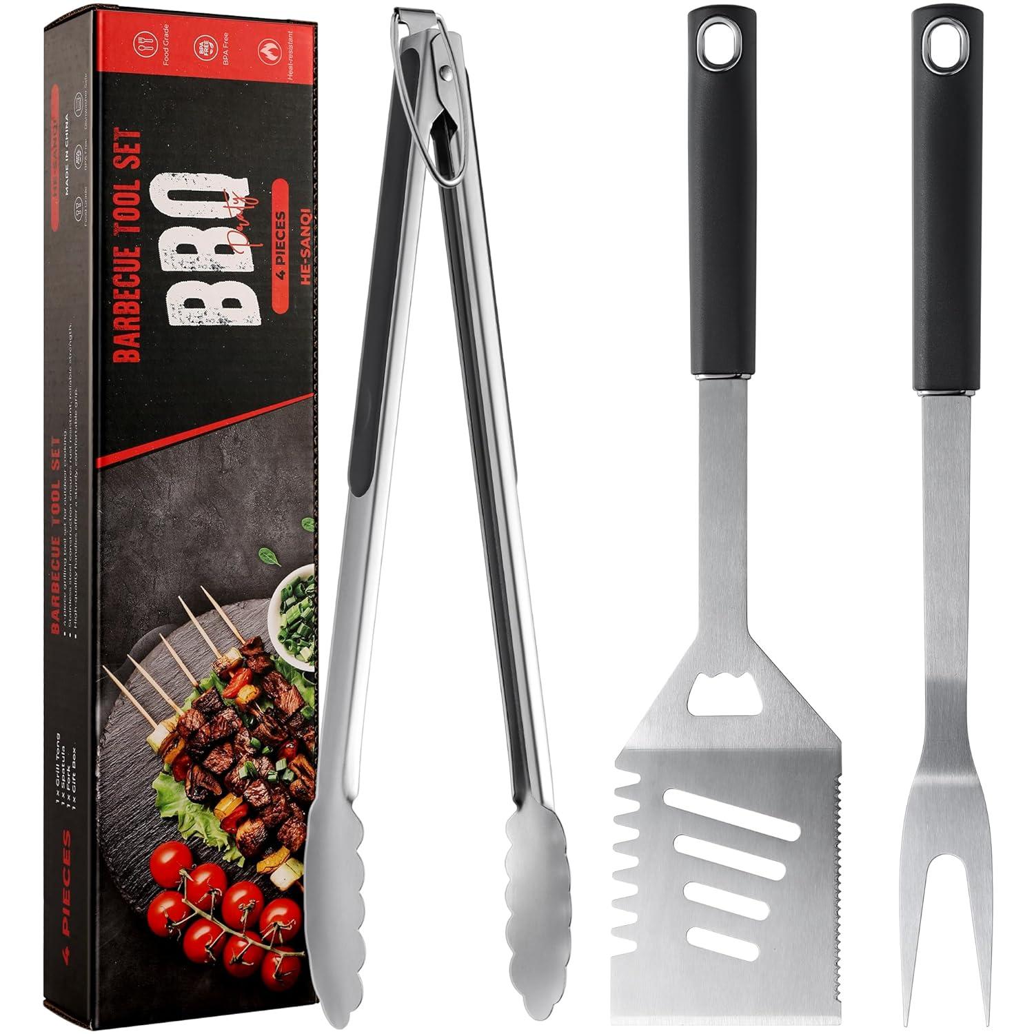 Griddle Accessories Kit - Grilling Accessories, Stainless Steel Heavy Duty Grill Tools Set with Spatula, Fork, Tongs and Gift-Box for Outdoor Barbecue, Home Grill (3PCS)