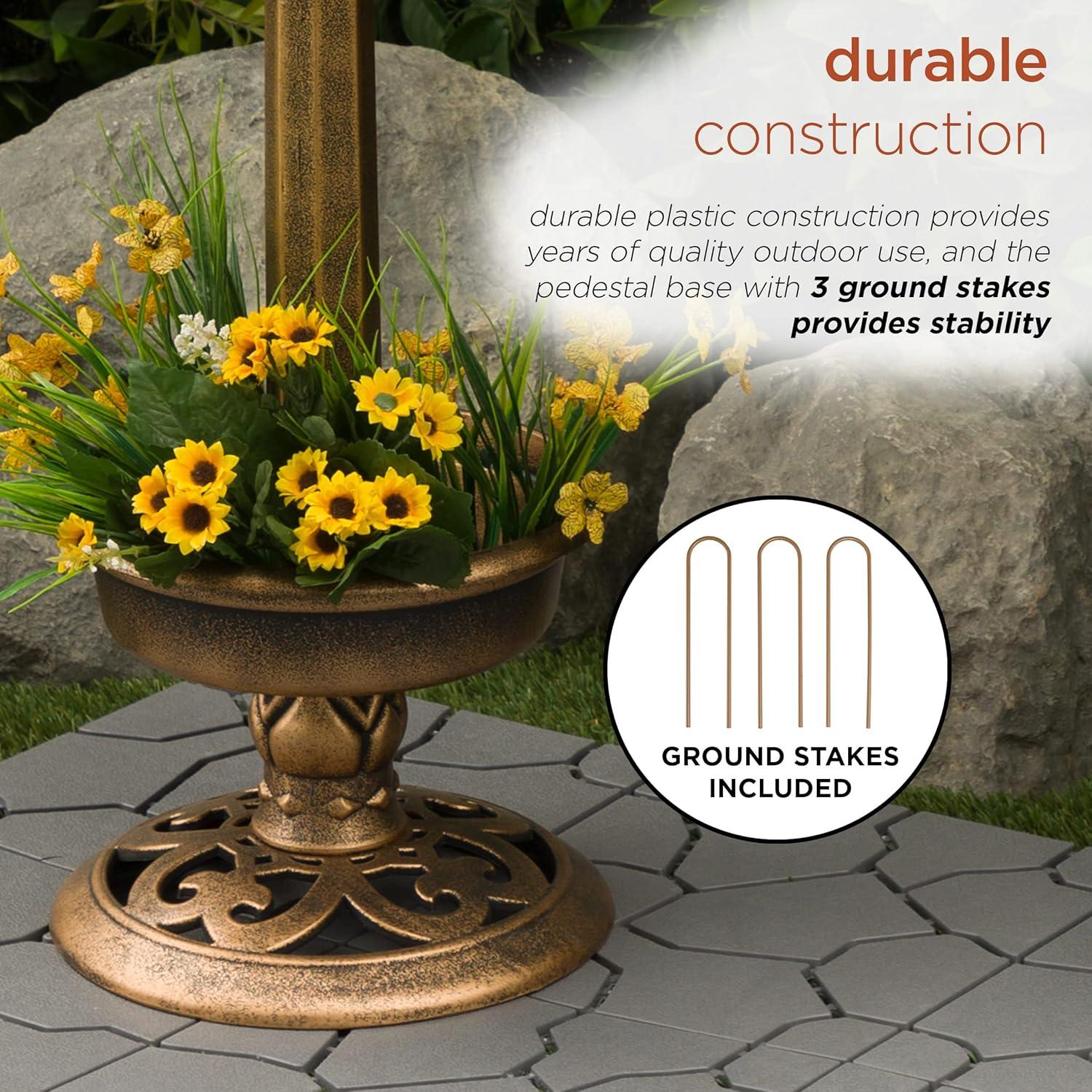 Bronze Outdoor Pedestal Birdbath with Planter and Solar LED