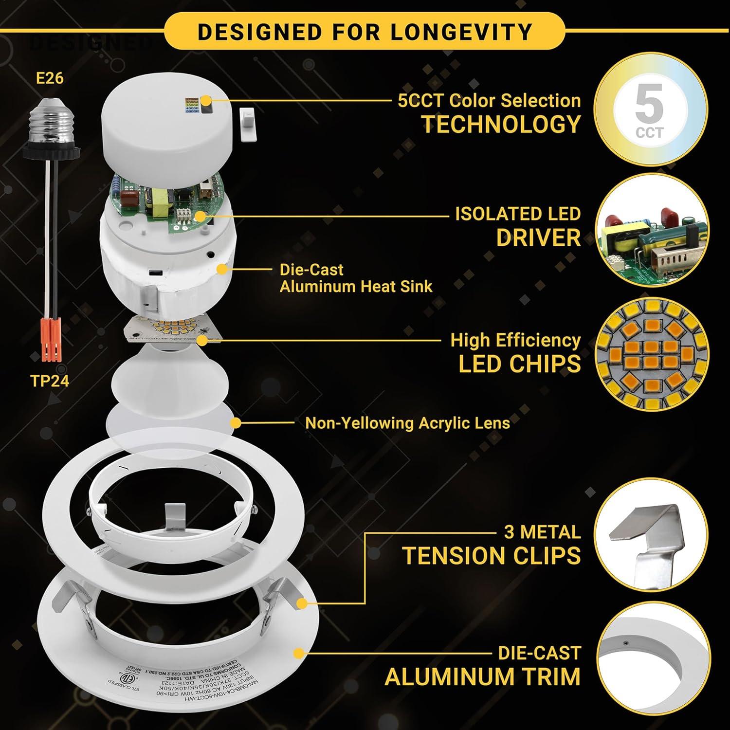 4'' Selectable Color Temperature Dimmable Air-Tight IC Rated LED Retrofit Recessed Lighting Kit