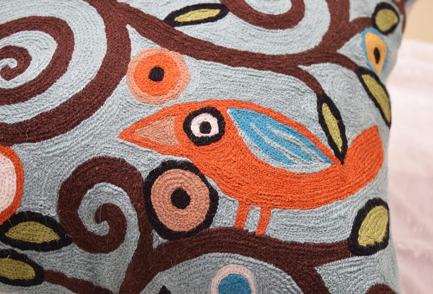 Teal Blue Embroidered Cotton Euro Pillowcase with Birds