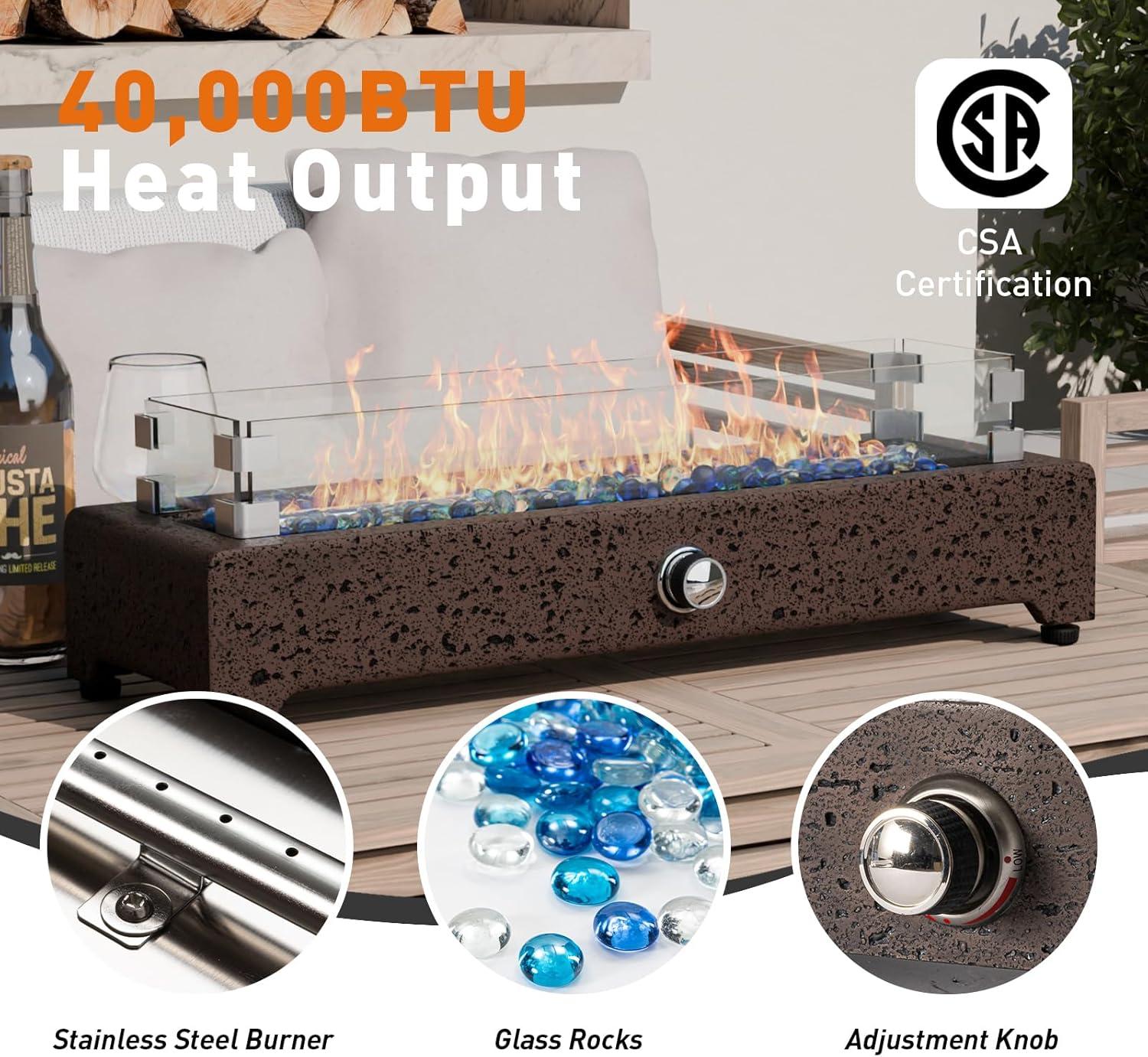 COSIEST 28" Tabletop Fire Pit, CSA Certified Outdoor Propane Fire Pit Table w Magnesium Oxide Rectangle Base, 40,000 BTU Stainless Steel Burner, Glass Rocks, Glass Wind Guard, Fits 20lb Tank Outside