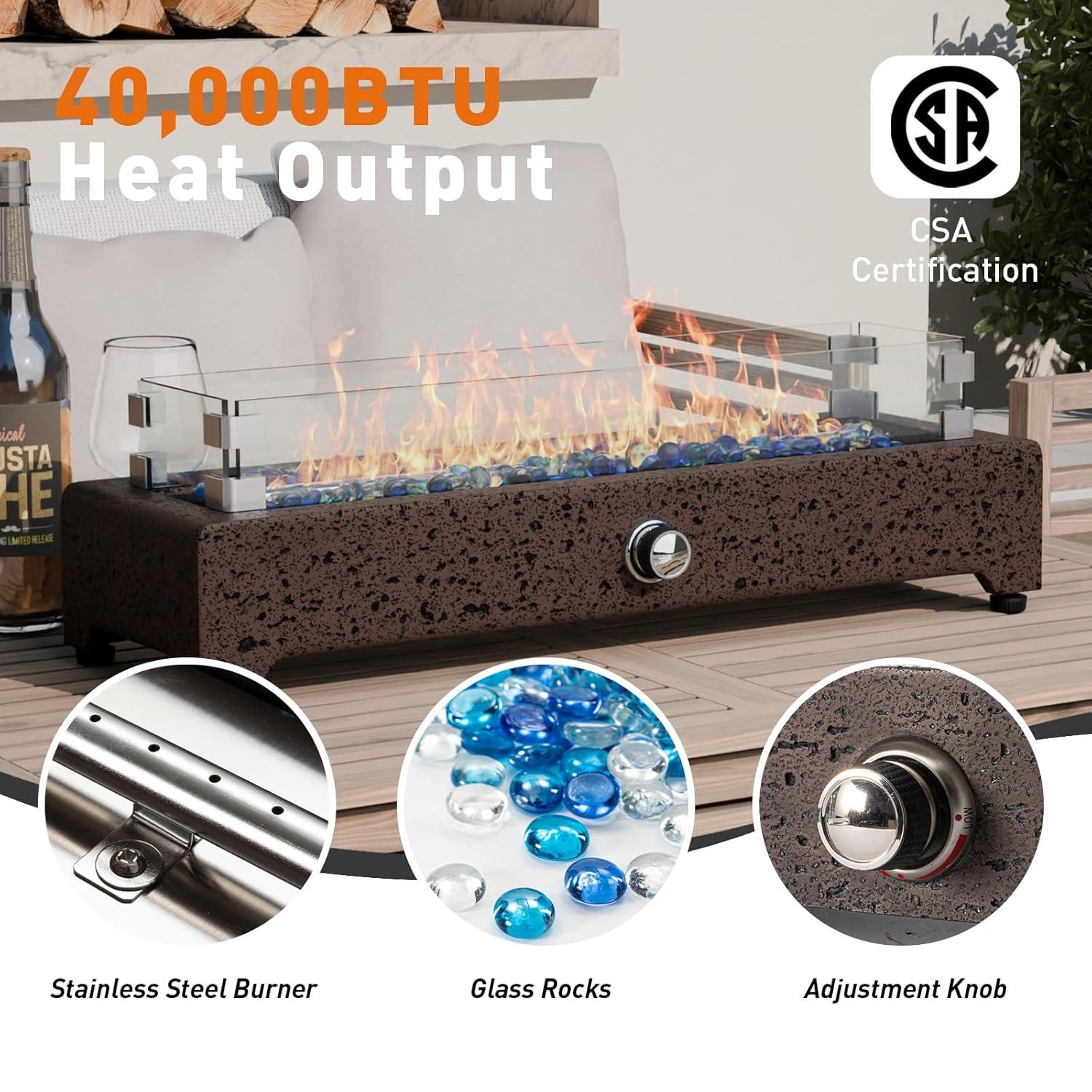 COSIEST 28" Tabletop Fire Pit, CSA Certified Outdoor Propane Fire Pit Table w Magnesium Oxide Rectangle Base, 40,000 BTU Stainless Steel Burner, Glass Rocks, Glass Wind Guard, Fits 20lb Tank Outside