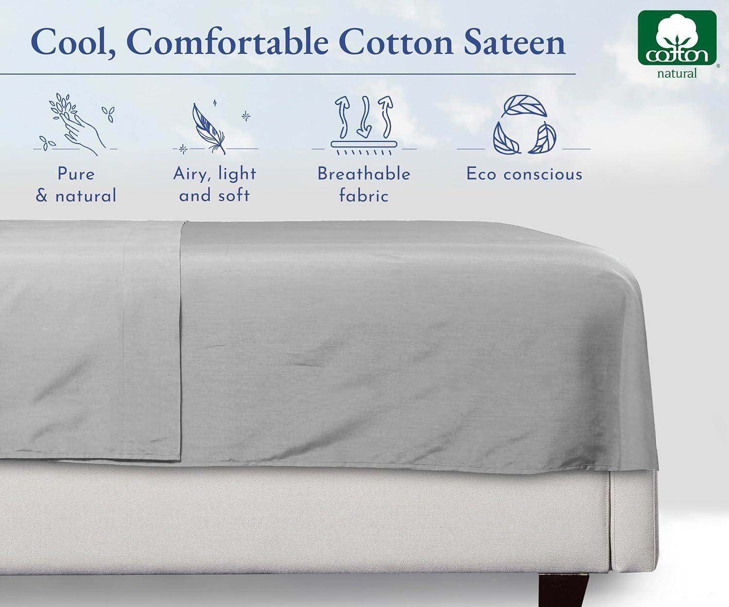 Flat Sheet Only, 400 Thread Count 100% Cotton Sateen, Soft & Durable by California Design Den - Light Gray, King