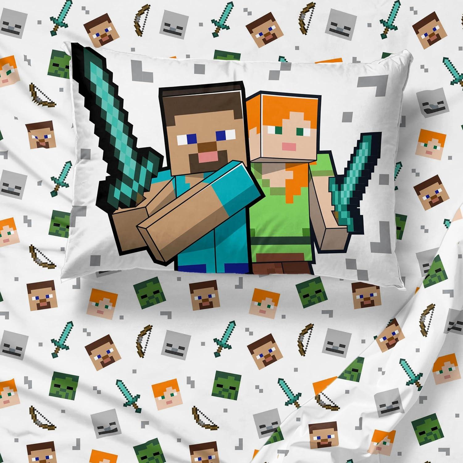 Minecraft Battle Time Blue & Green 5 Piece Twin Bed Set w/ Sham, 100% Microfiber