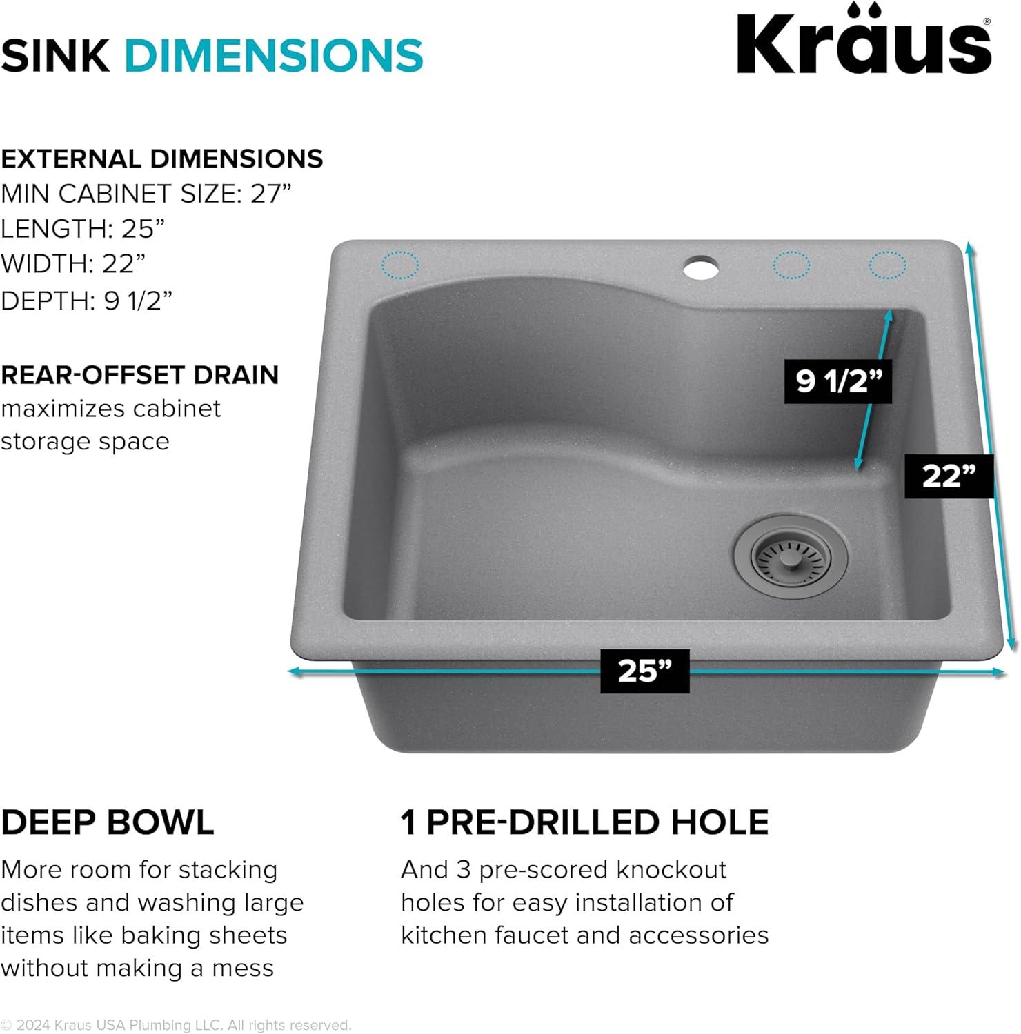 KRAUS Quarza™ 25" L Dual Mount Single Bowl Granite Kitchen Sink