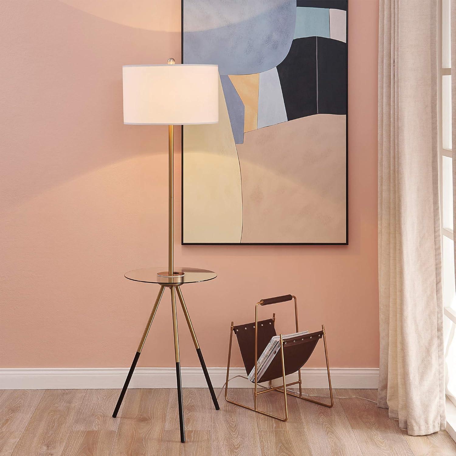 Teamson Home Myra Floor Lamp with Glass Table and Built-In USB Port, Gold/Black