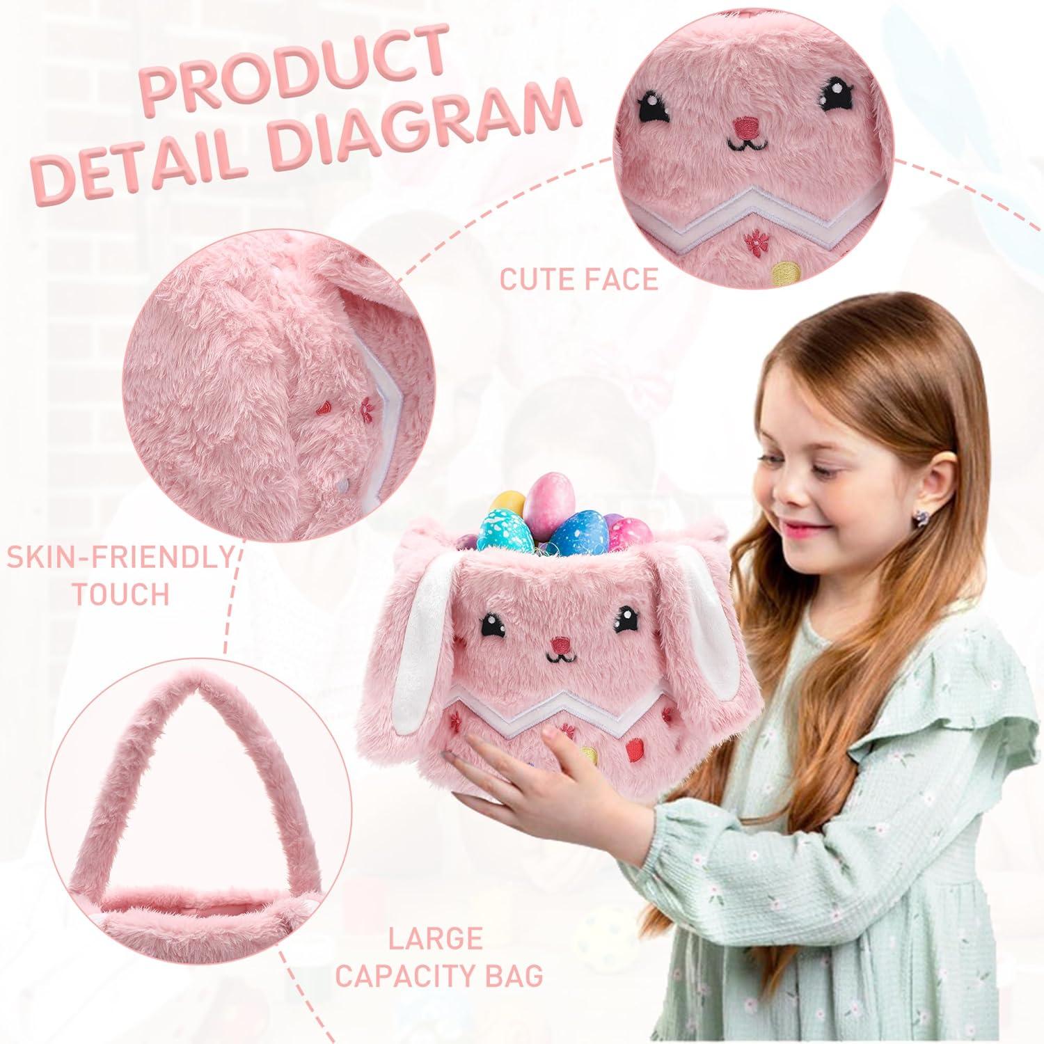 Easter Bunny Tote Bag, Cute Fuzzy Rabbit Ears Soft Plush Candy Handle Bag Eggs Basket Gift Bag for Kids Holiday Decorations