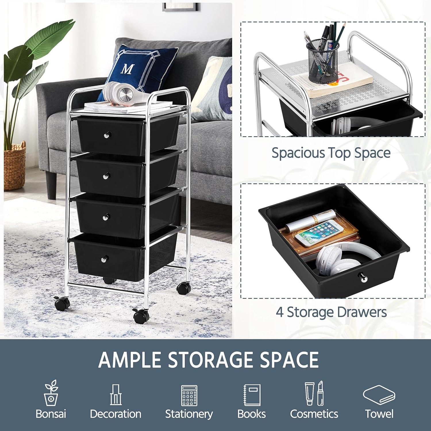 Yaheetech 4 Drawers Rolling Storage Cart Metal Frame Plastic Drawers for Office Home Study,Black